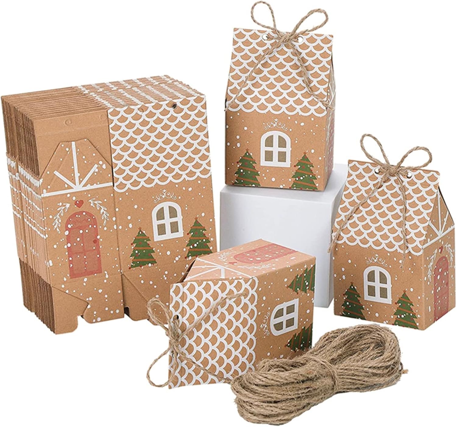 SamanterHouse-Shape Paper Gift Boxes House With Twines Paper Package Box Candy Chocolate Gift Packing Wrap for Wedding Party Christmas Baby Shower 50Pack