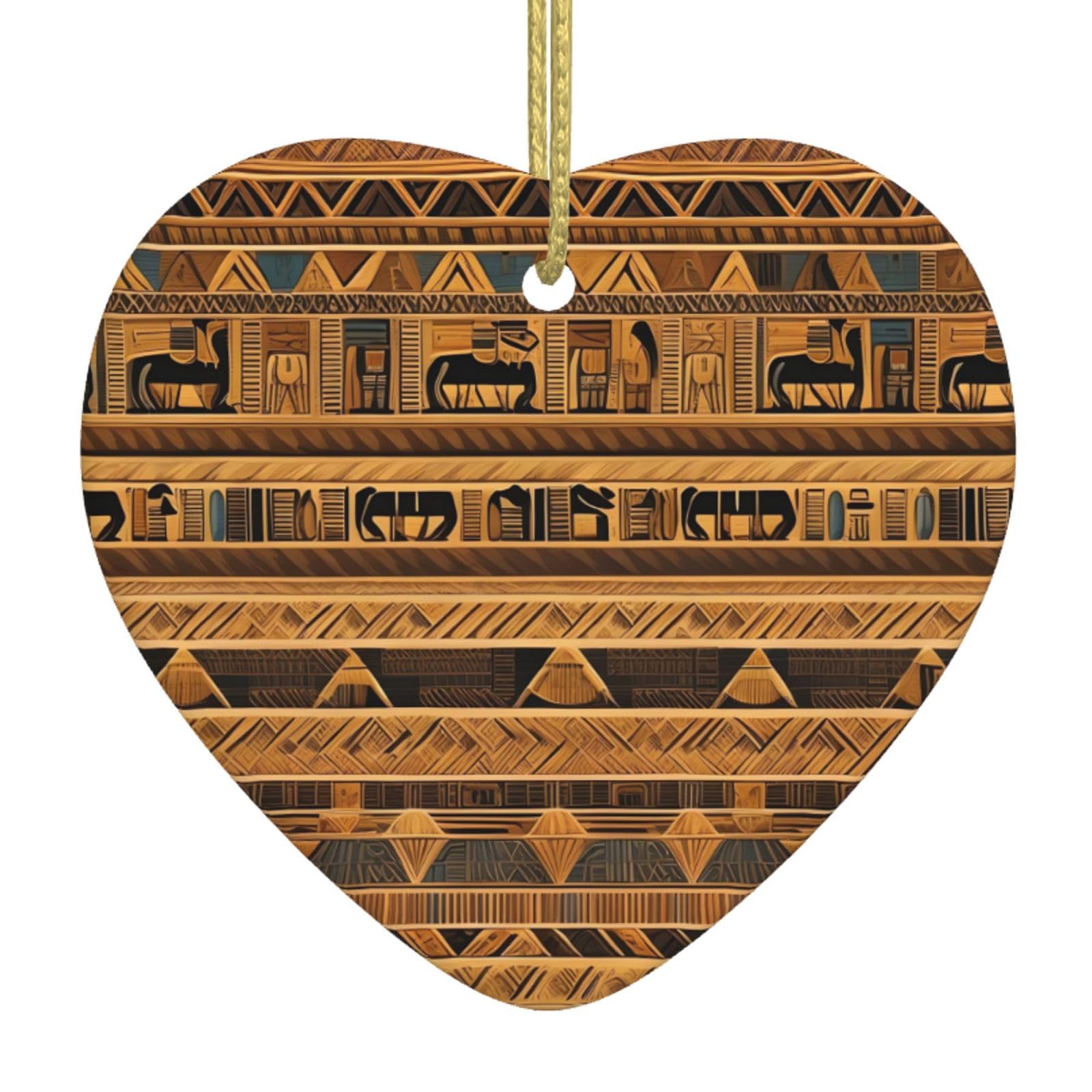 Egyptian Frescoes Ceramic Christmas Heart Pendant with Silk Thread, Christmas Tree Home Decoration