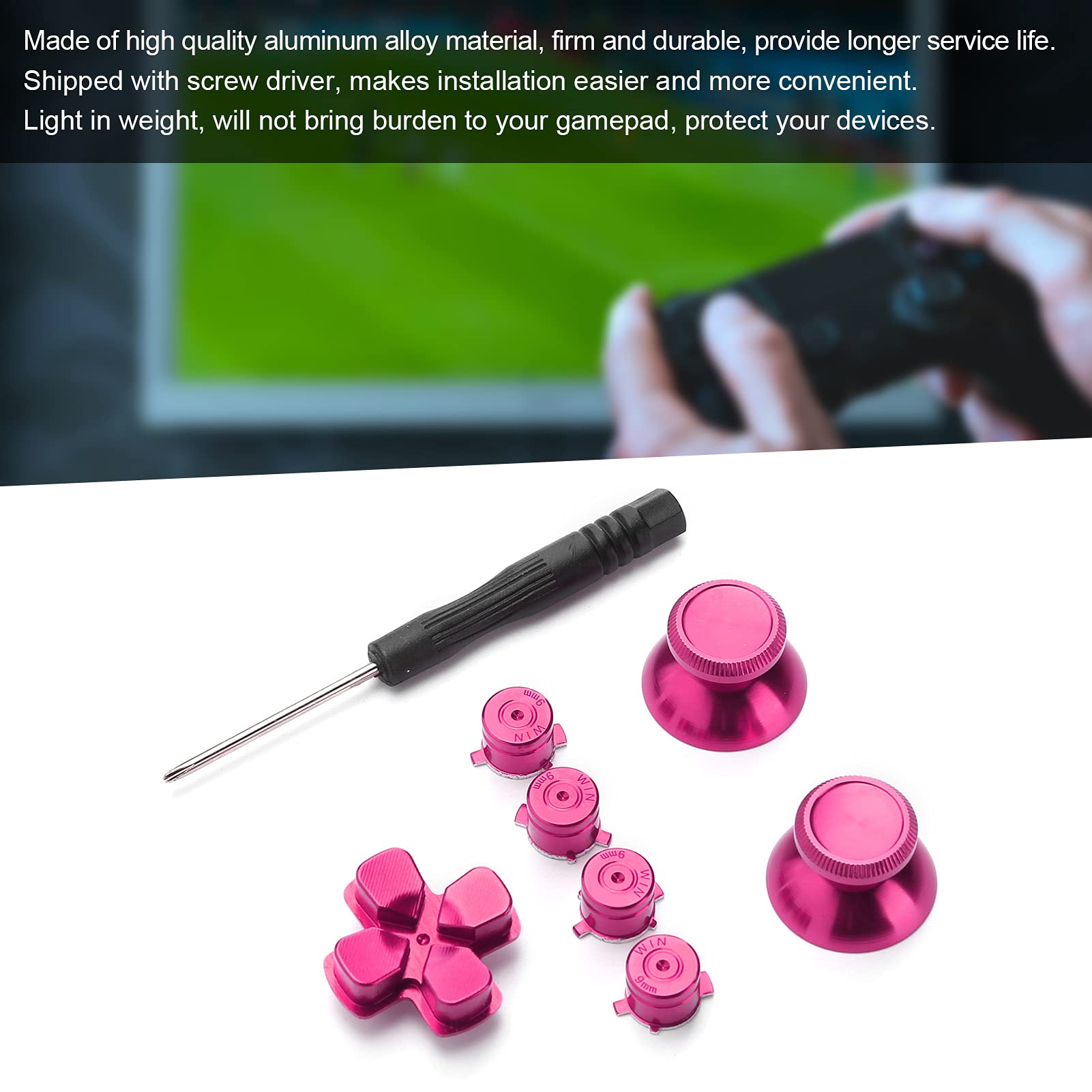 Zestaw Metalowych Przycisków ze Stopu Aluminium do Kontrolera do PS4, Przyciski ABXY Bullet + Kciuki Analogowy Uchwyt na Kciuk + Chromowany D-pad do PS4, Zamiennik Joysticka do PS4(Czerwona róża)