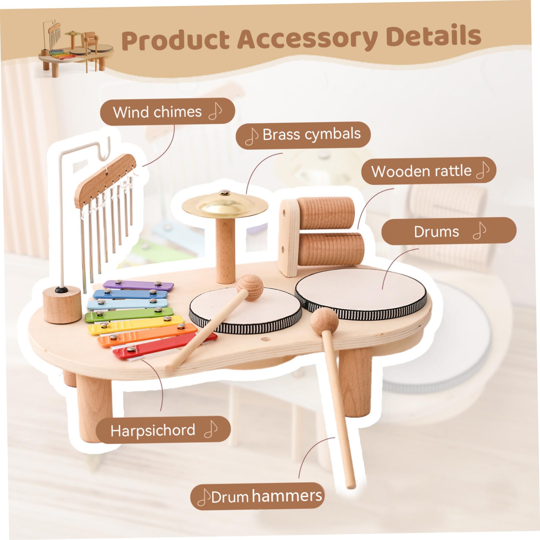 Kinder-Schlagzeug-Set, 5-in-1, hölzernes Kleinkind-Schlagzeug, pädagogische Kindermusikinstrumente, babysichere Perkussion