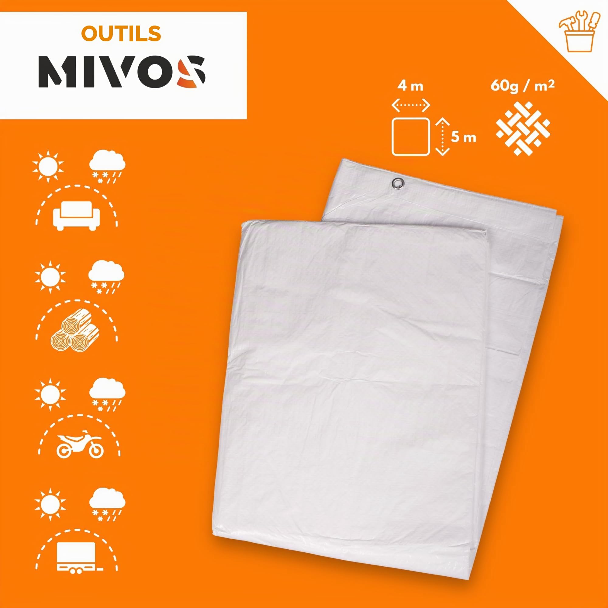 Mivos Bâche de Protection Imperméable 4 x 5 m - Blanc - Tissu PP-PE 60 g/m² - Bâche Universelle résistante à la moisissure pour Voiture Meubles de Jardin Bois - avec œillets en Aluminium