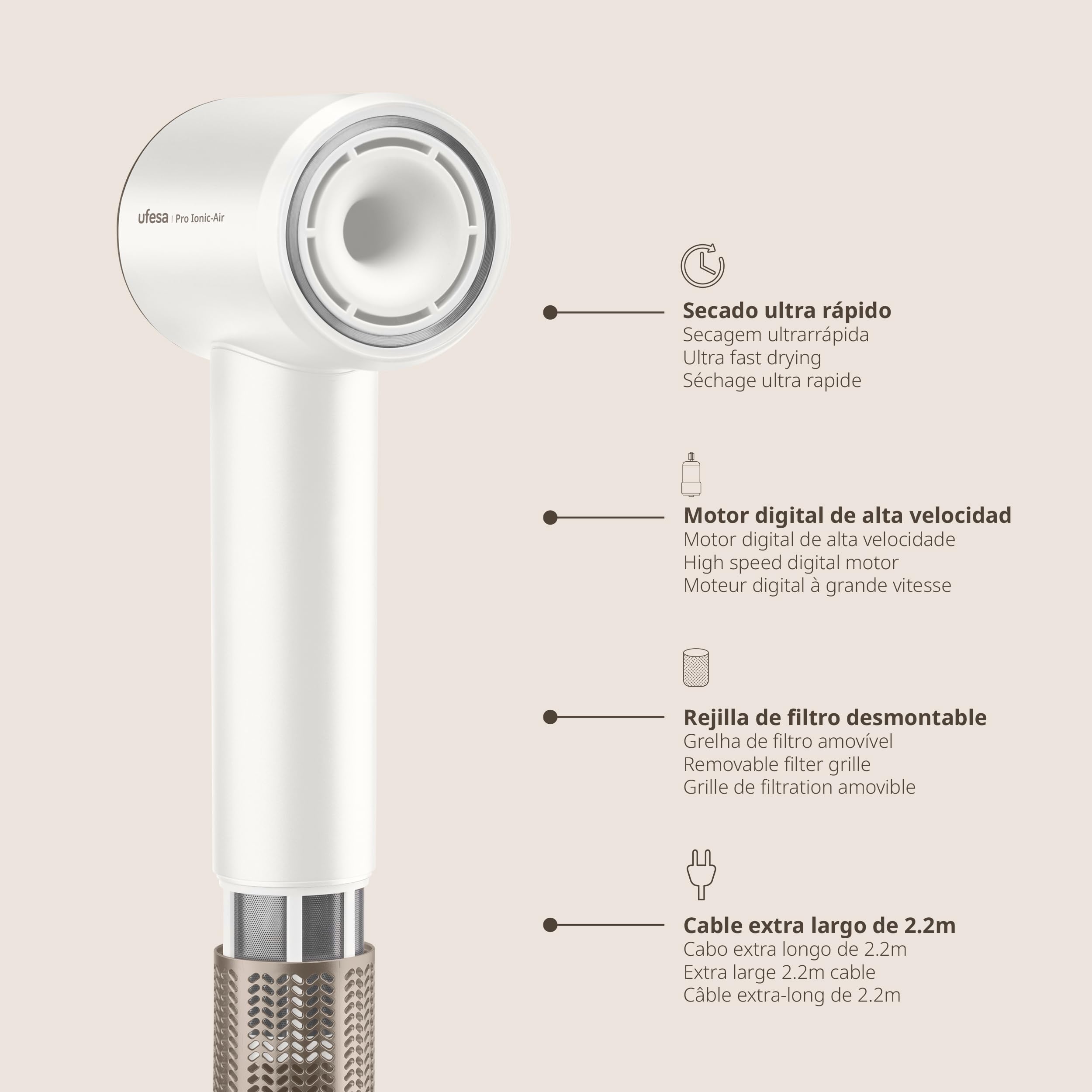 Ufesa Pro Ionic Air Suszarka do włosów, 110 000 obr./min, profesjonalna suszarka do włosów, inteligentna kontrola temperatury, silny przepływ powietrza 22 m/s, ultra cicha, technologia jonów ujemnych,