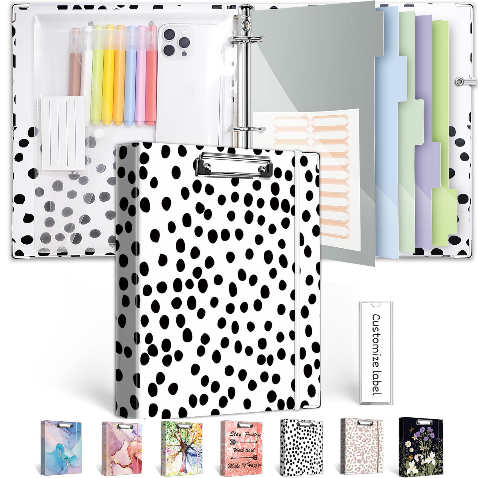 3 Ring Binder Organizer, 1 Inch Three Ring Binders with Clipboard, 5-Tabs Pockets Dividers, Transparent Plastic Folder, Pen Loop, 18 Divider Stikers,