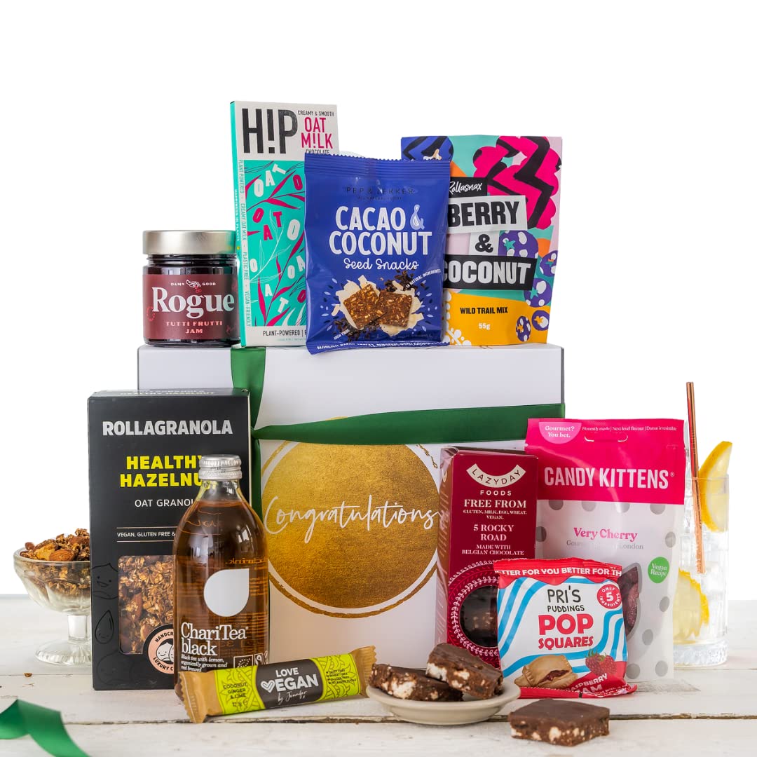 Luxury Wedding Gifts Celebrations Vegan Hamper Basket, Vegan Chocolate, Dairy-Free Special Gifts, Vegan Gifts for Women, Vegan Chocolate Gifts, Gluten Free Hamper & Gourmet Gifts, Gift Basket