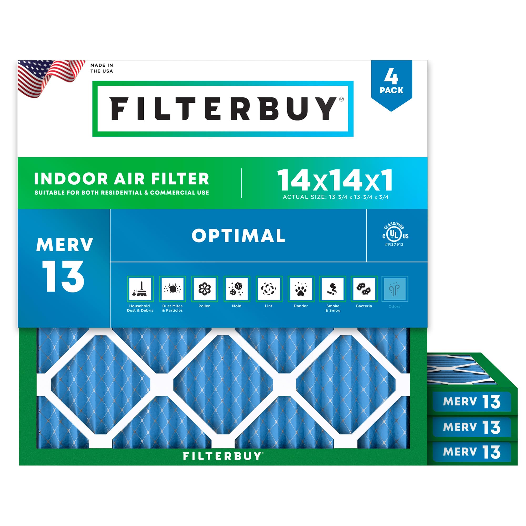 Filterbuy 14x14x1 Air Filter MERV 13 Optimal Defense (4-Pack), Pleated ...