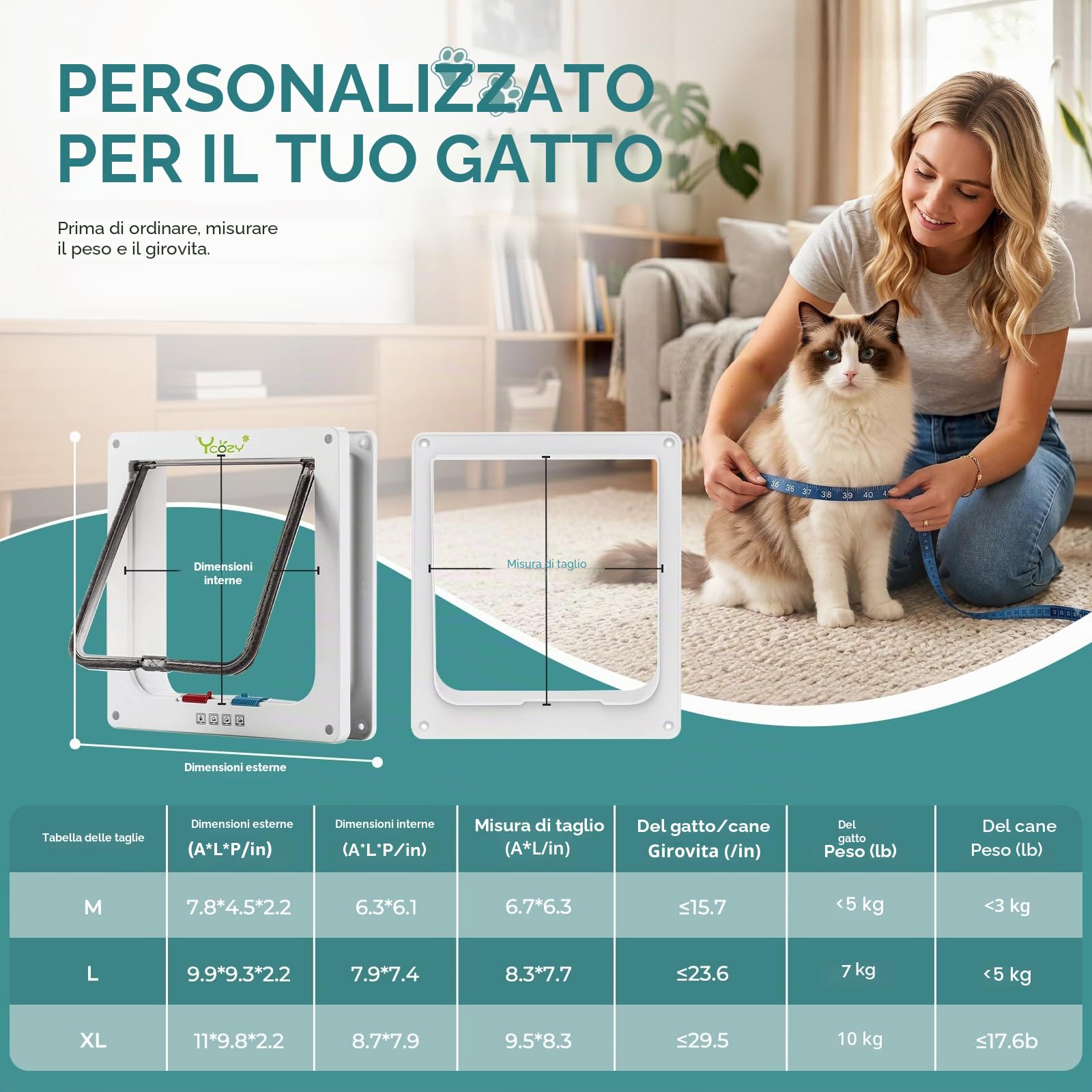 Ycozy XL Porta per Gatti per Porte 27.8 x 25 cm con Chiusura a 4 Vie per Porta Interna Esterna Finestra a Muro, Gattaiola Resistente alle Intemperie per Gattini e Cani Facilmente Installabile