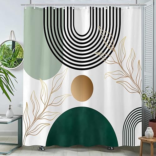 Miniatura 13 de Aipon Cortina de ducha verde de mediados de siglo para baño, cortina de ducha abstracta bohemia de tela moderna impermeable (72 x 72 pulgadas, verde)