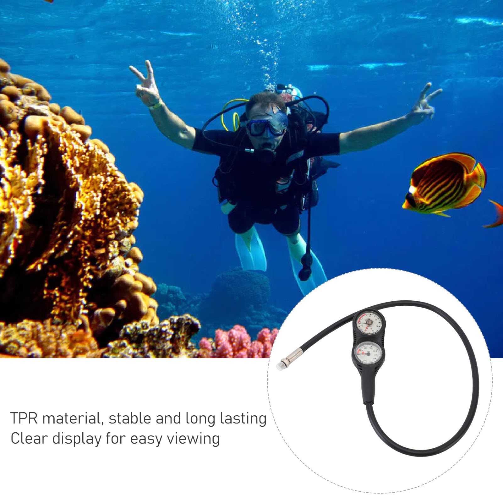 Medidor de Profundidad de Presión de Buceo, Consola de Doble Enlace con Pantalla Clara para Buceo, Material TPR Marco Negro Esfera Blanca