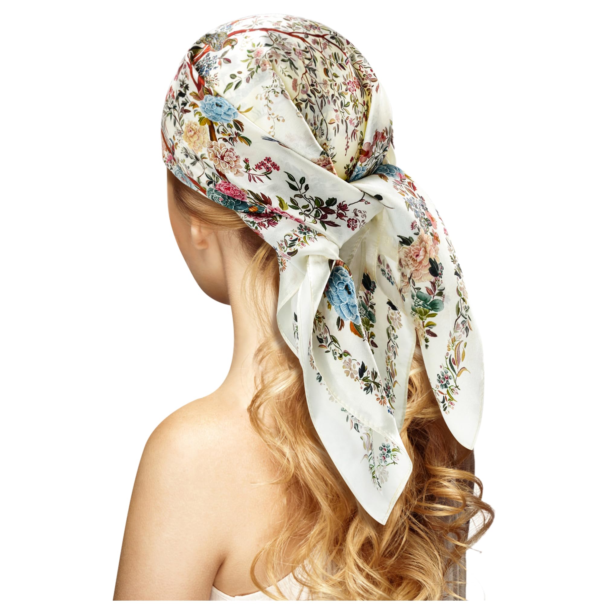 100% Silk Head Scarf for Women - 27" Hair Scarves Satin Bandanas Square for Night Sleeping with Gift Packed, Bird/White/Flower, Large
