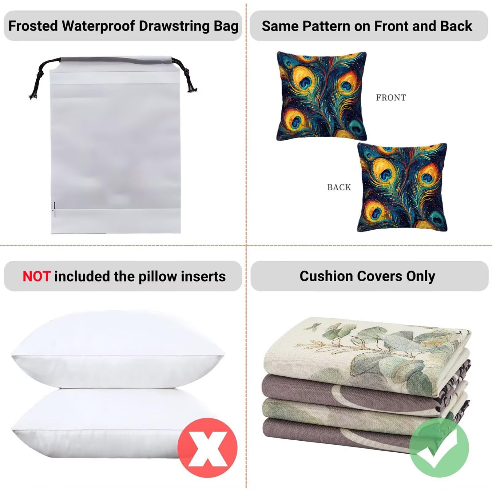 Outdoor Kissenbezug Bunte 55x55 cm Outdoor Kissenbezug Wasserdicht Dekokissenbezug Pfau 4er Set Leinen Zierkissenbezüge Kissenhülle Sofakissenbezüge für Garten, Schlafzimmer, Sofa, Stuhl, Bett, Y-8