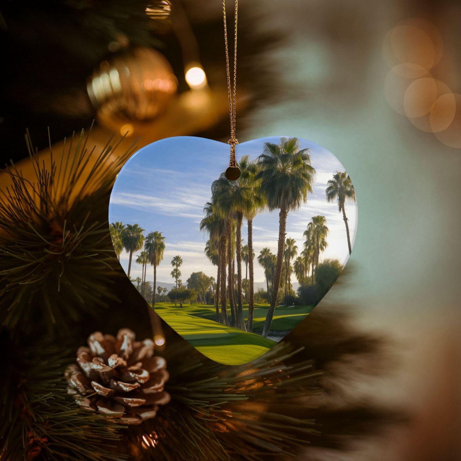 Christmas Tree Ornaments Ceramics Christmas Decorations Palm Tree Golf Course Ornaments with Gold Ribbon Porcelain Xmas Tree Crafts Heart Shape Hanging Pendant for Christmas Tree Party Decor