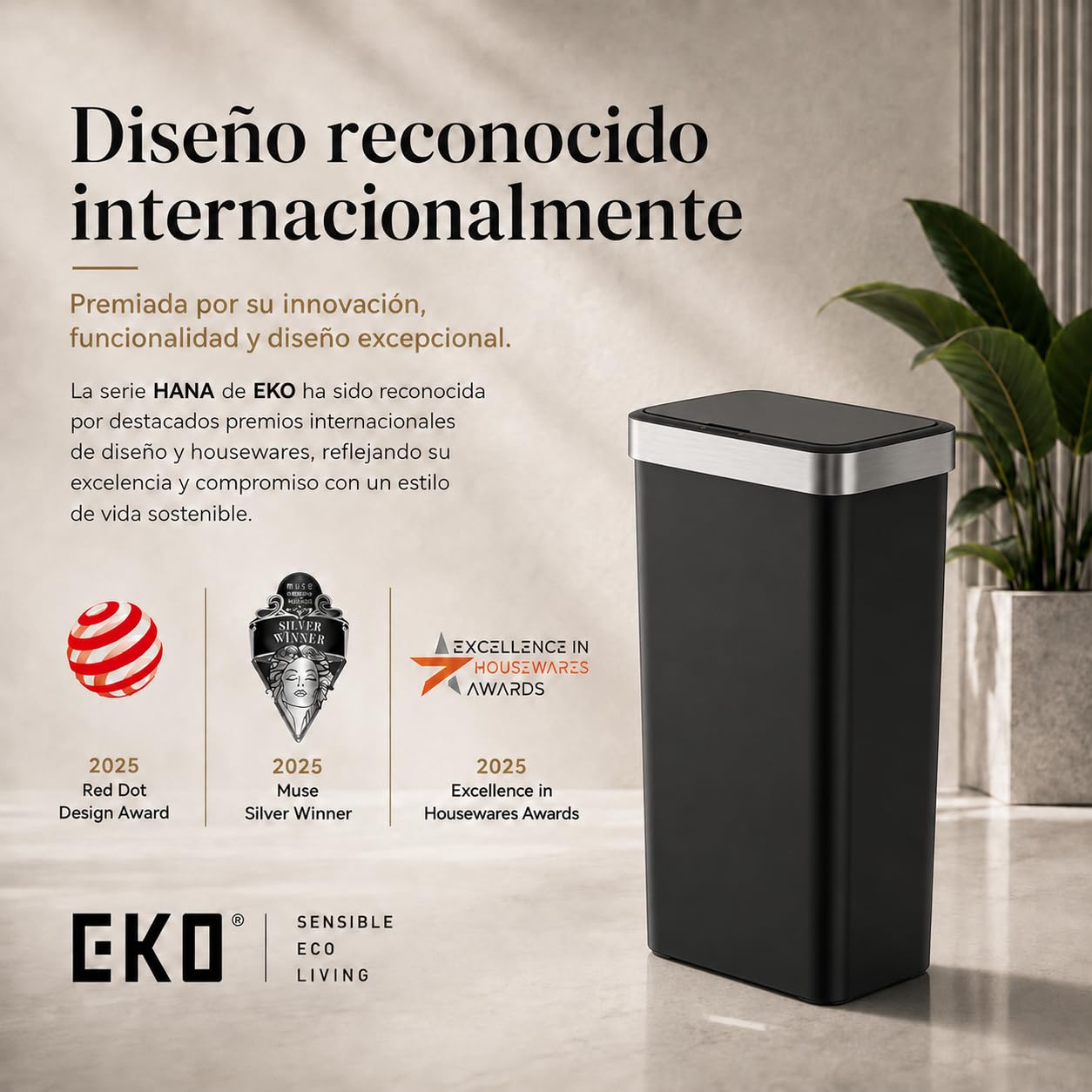 EKO | Cubo de Basura Cocina 50L con Sensor Automático y Cierre Suave | Papelera Negra a Pilas | Acabado Antihuella, Base Antideslizante y Soporte para Bolsa | Diseño Moderno y Silencioso