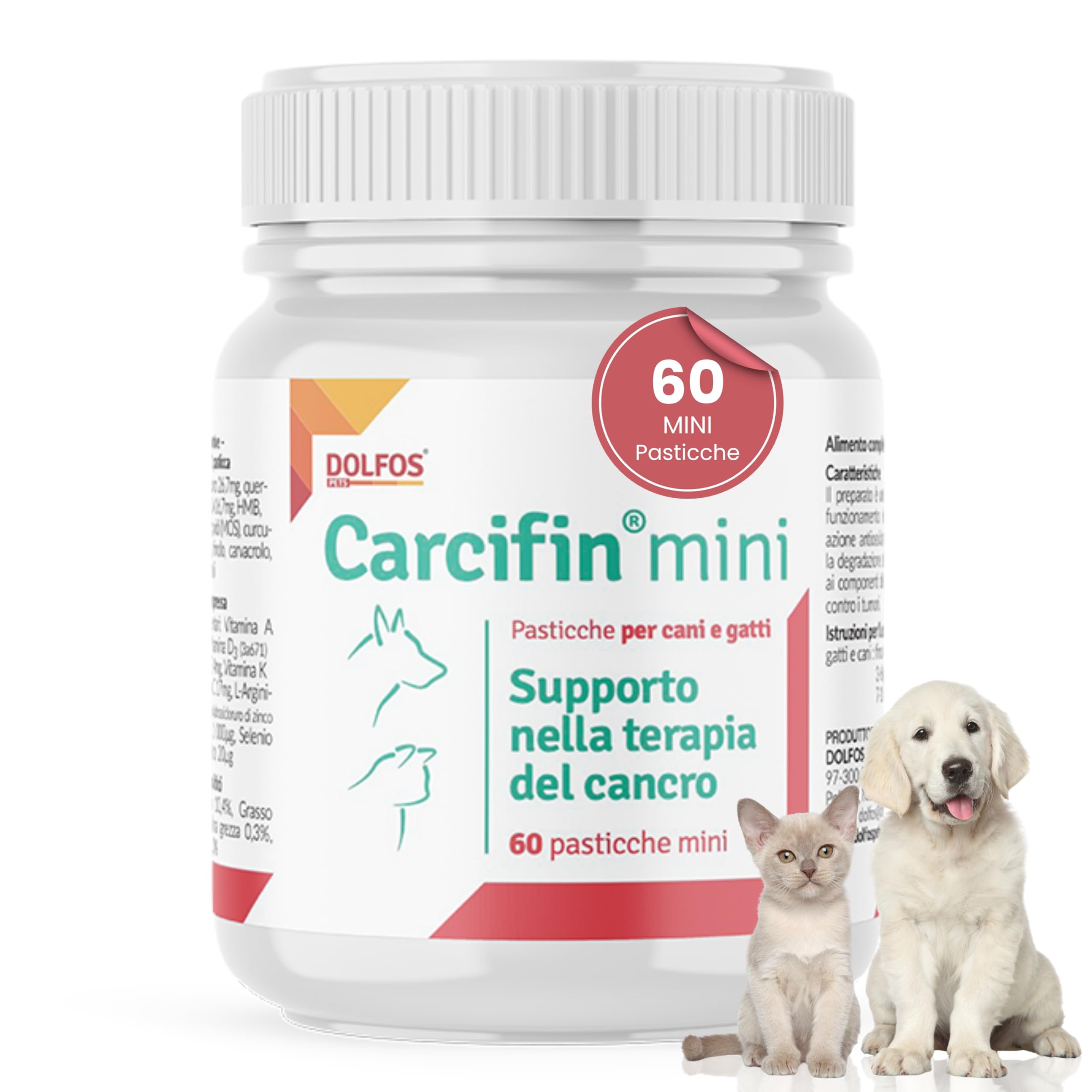 Dolfos Carcifin 60 Mini Compresse, Integratori per Cani Supporto Oncologico con Curcumina e Quercetina, Integratori per Cani Terapia Antitumorale e Sistema Immunitario