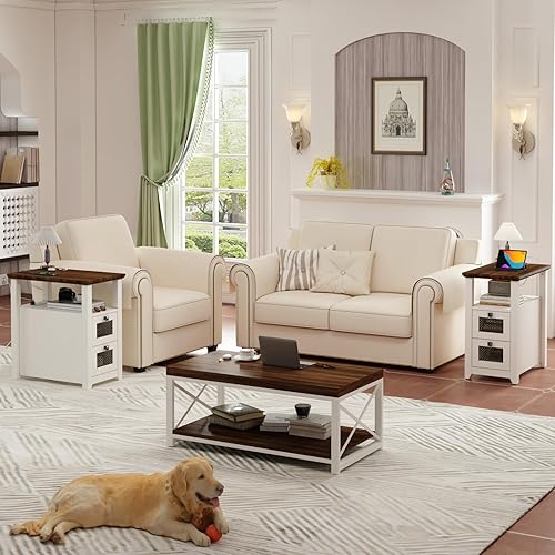 Miniatura 4 de Mesa auxiliar de granja XXL con estación de carga; mesa auxiliar estrecha con puertos USB y tomas de corriente, mesita de noche con 2 cajones de