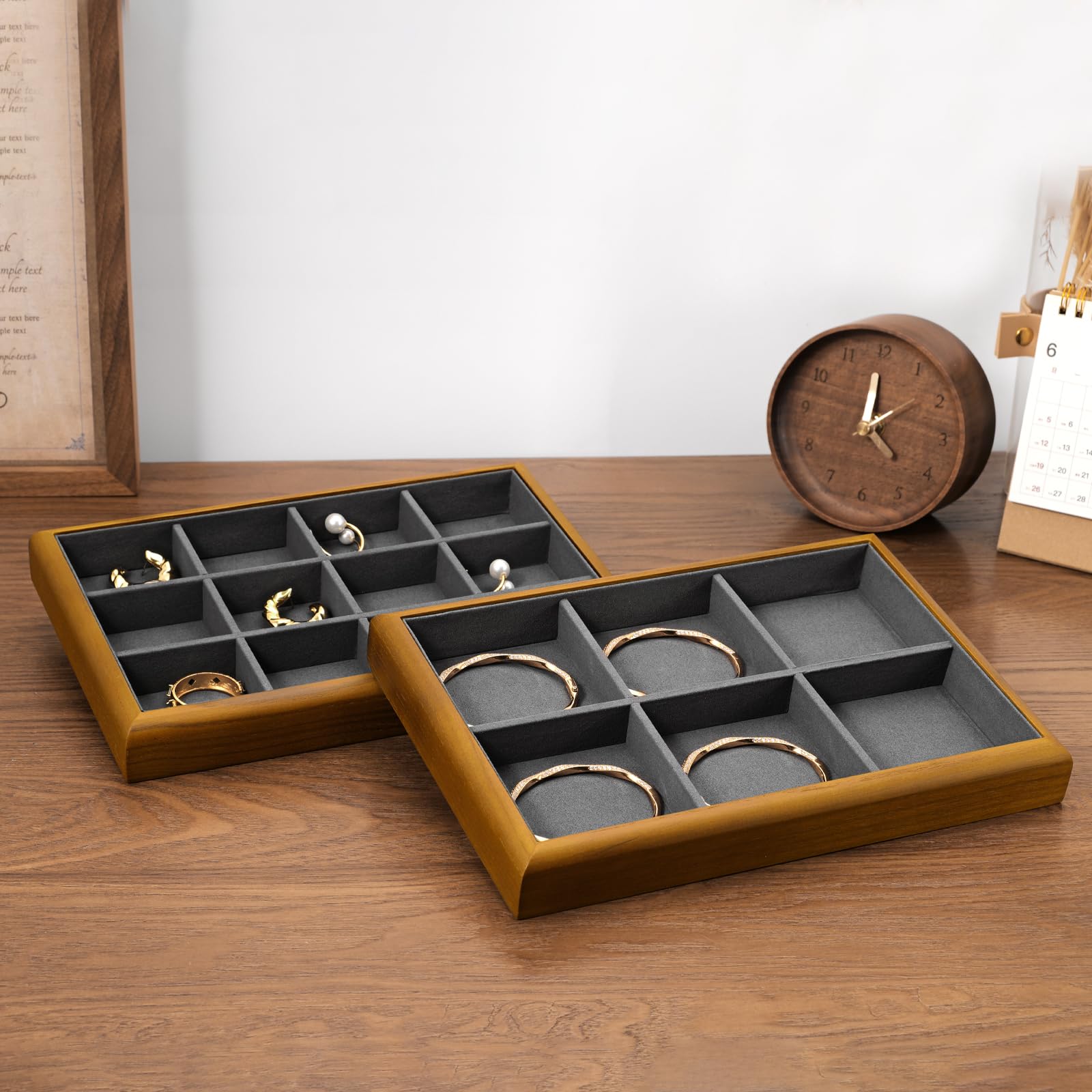 Oirlv Plateaux à Bijoux en Bois Massif,Empilables,Organiseur de Bijoux,Présentoirs Bijoux(Gris foncé)