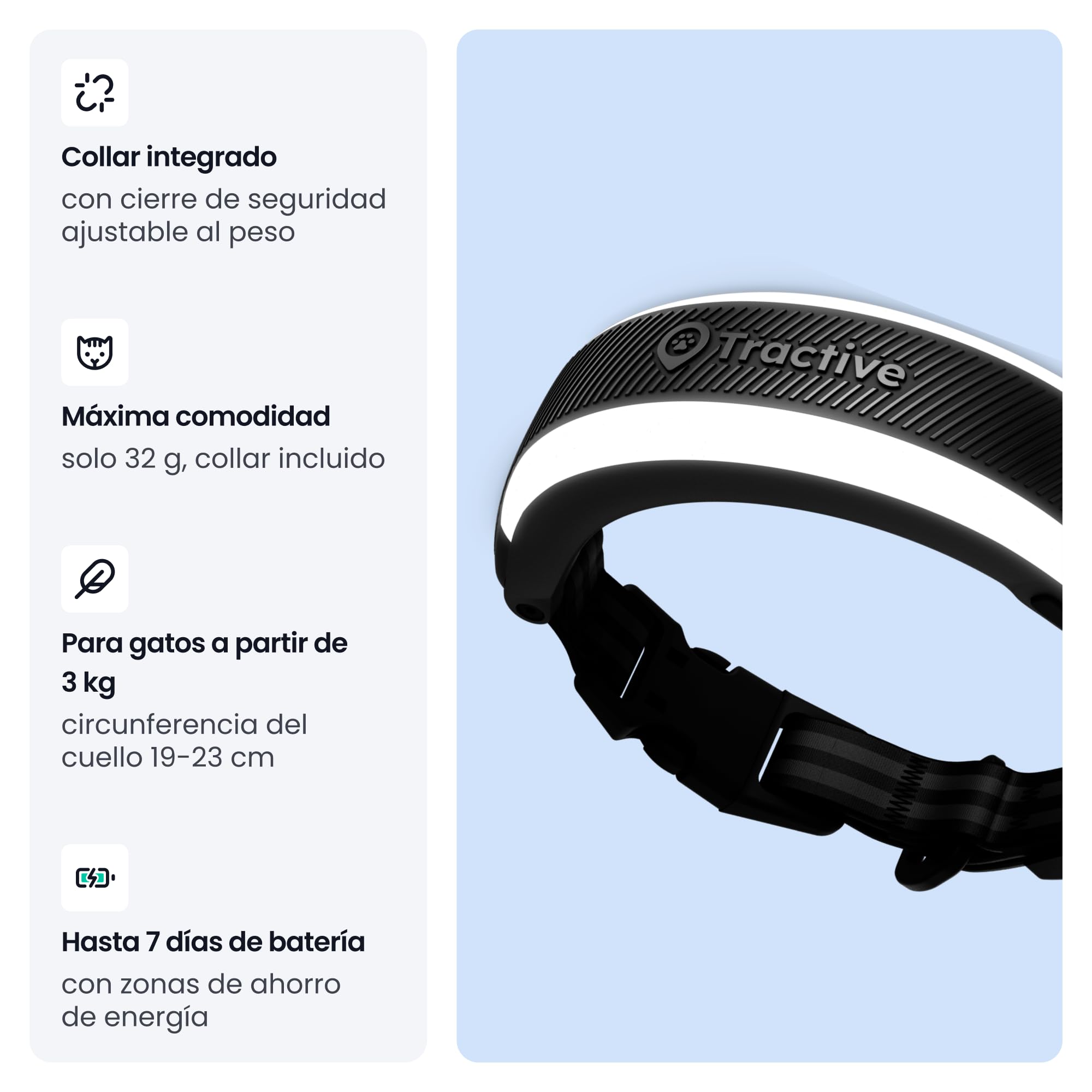 Tractive - GPS para Gatos Inteligente Mini | Edición 2026 | GPS para Gatos n.º 1 | Seguimiento en Vivo | Avisos de Salud y Monitor de Constantes | Collar de Seguridad | Collar Integrado (Negro)