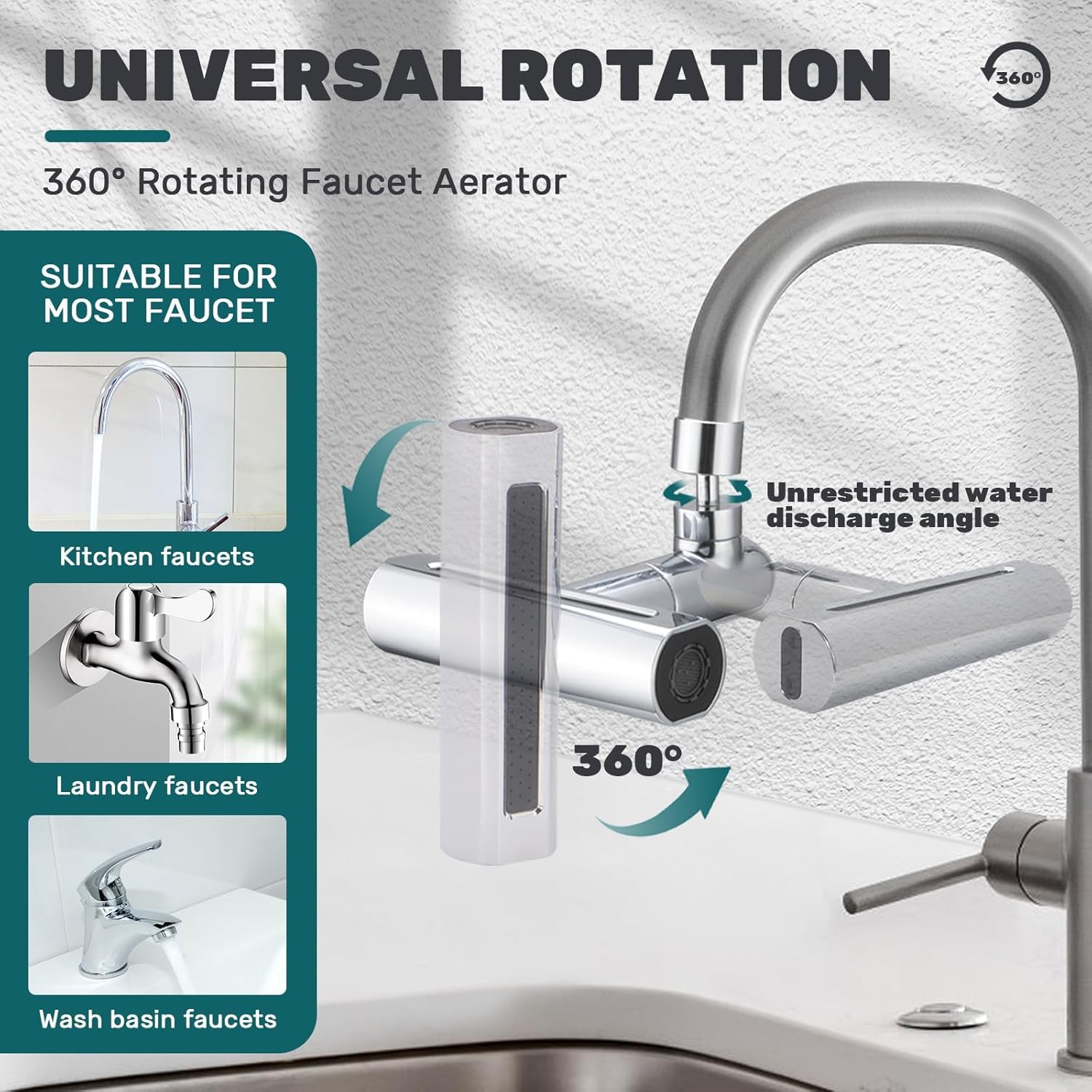 Universal Faucet Aerator with 4 Adjustable Spray Modes | 360° Swivel Water Saving Tap Extender | Easy Install Splash-Proof Kitchen Sink Filter Attachment