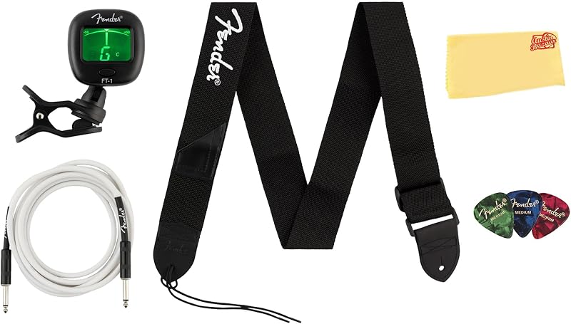 Fender Accessory Essentials Pack Bundle with Cable, Clip-On Tuner, Strap, 3-Pack Picks, and Austin Bazaar Polishing Cloth