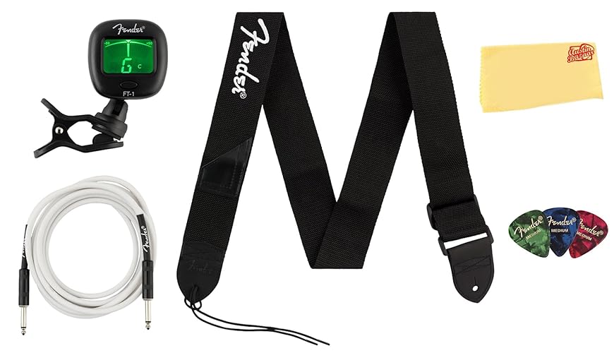 Fender Accessory Essentials Pack Bundle with Cable, Clip-On Tuner, Strap, 3-Pack Picks, and Austin Bazaar Polishing Cloth