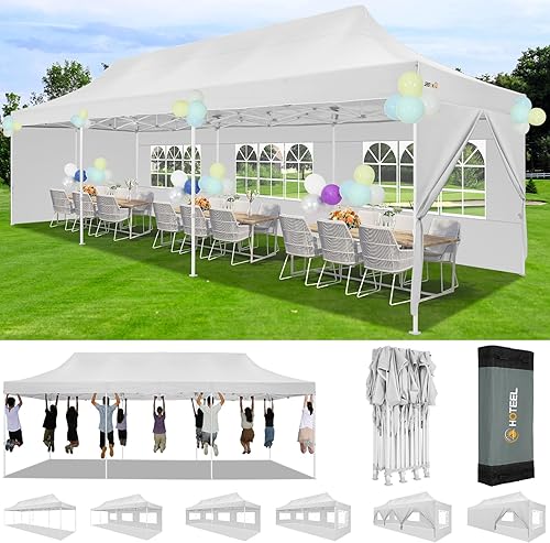 HOTEEL Tienda de campaña de fiesta de 10 x 30 pies, toldo desplegable resistente para exteriores, toldo de 3 alturas ajustables con 8 paredes