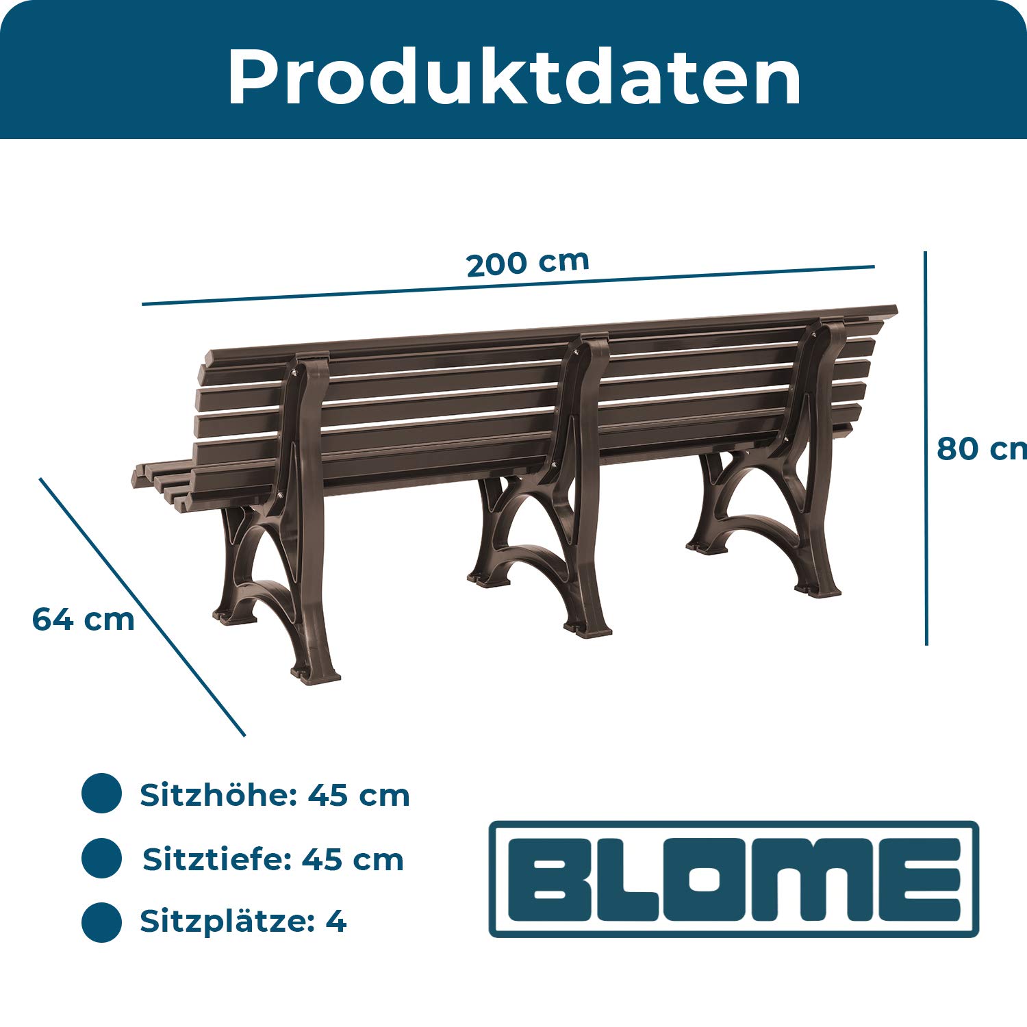 Blome Sitzbank Borkum – Gartenbank für Garten, Balkon, Terrasse, Parkbank in braun, 4-Sitzer, Made in Germany