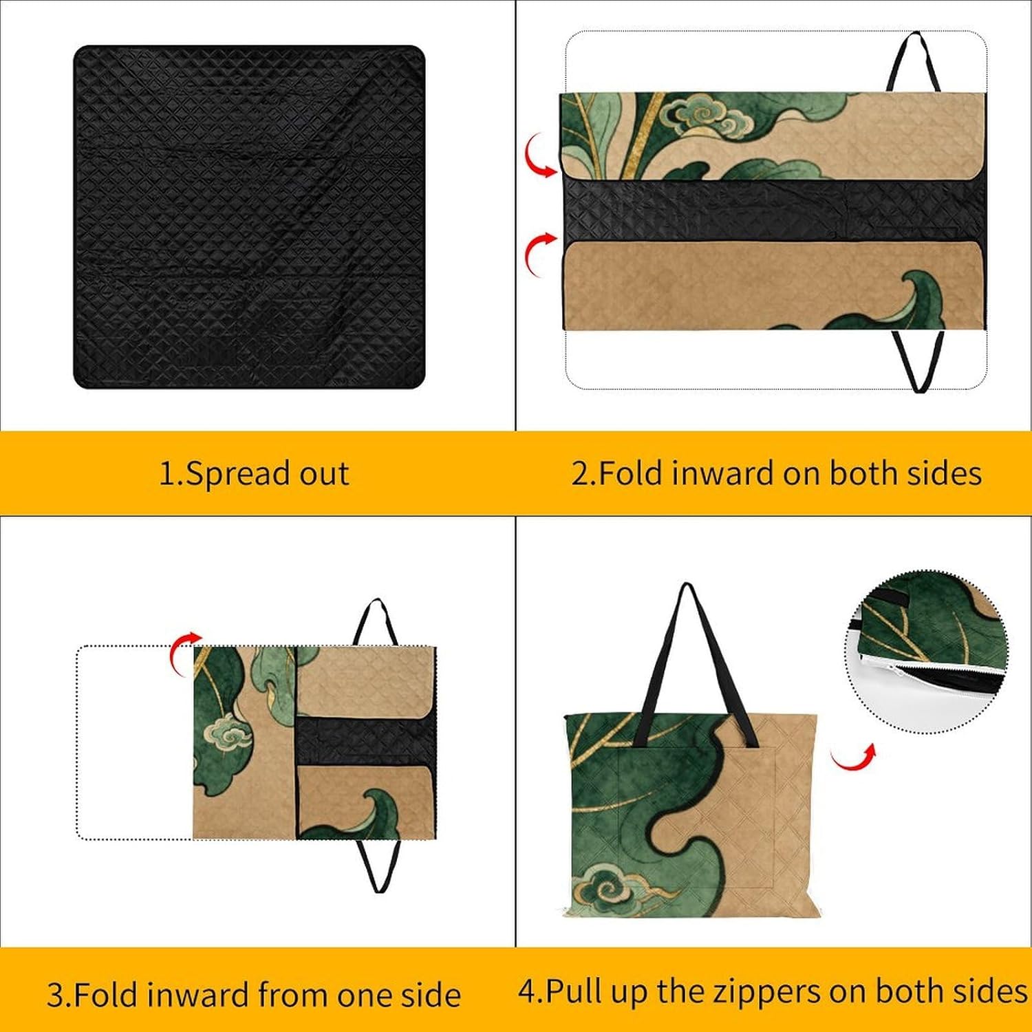 Floral Leaf Picnic Blanket with Zipper Water Resistant Sand Free Picnic Mat Washable Foldable Easy Carry Beach Blanket for Lawn Beach Hiking Camping