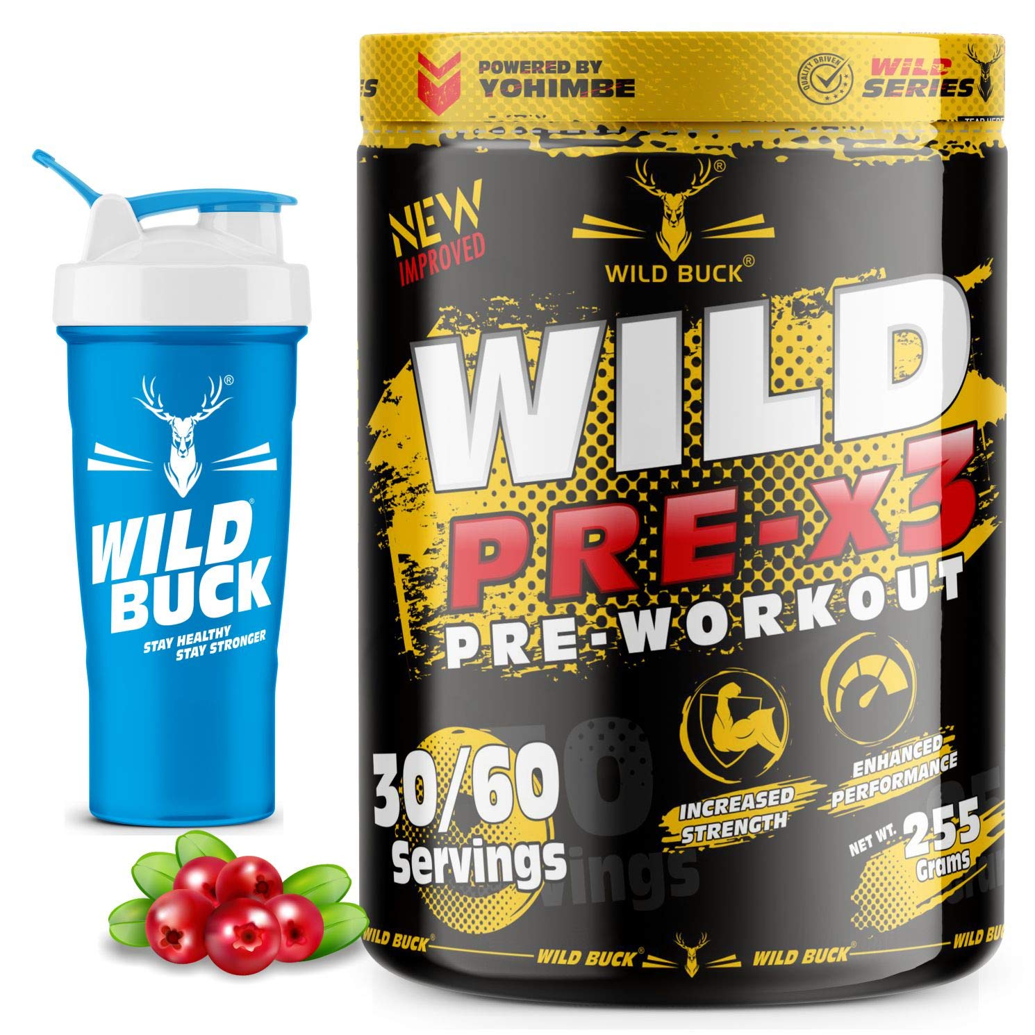 WILD BUCK Wild Pre-X3 Hardcore Pre-Workout Supplement, Energy Drink With Creatine Monohydrate For Men & Women [30-60 Servings, Cranberry Blast, 255G]Free Shaker, Powder