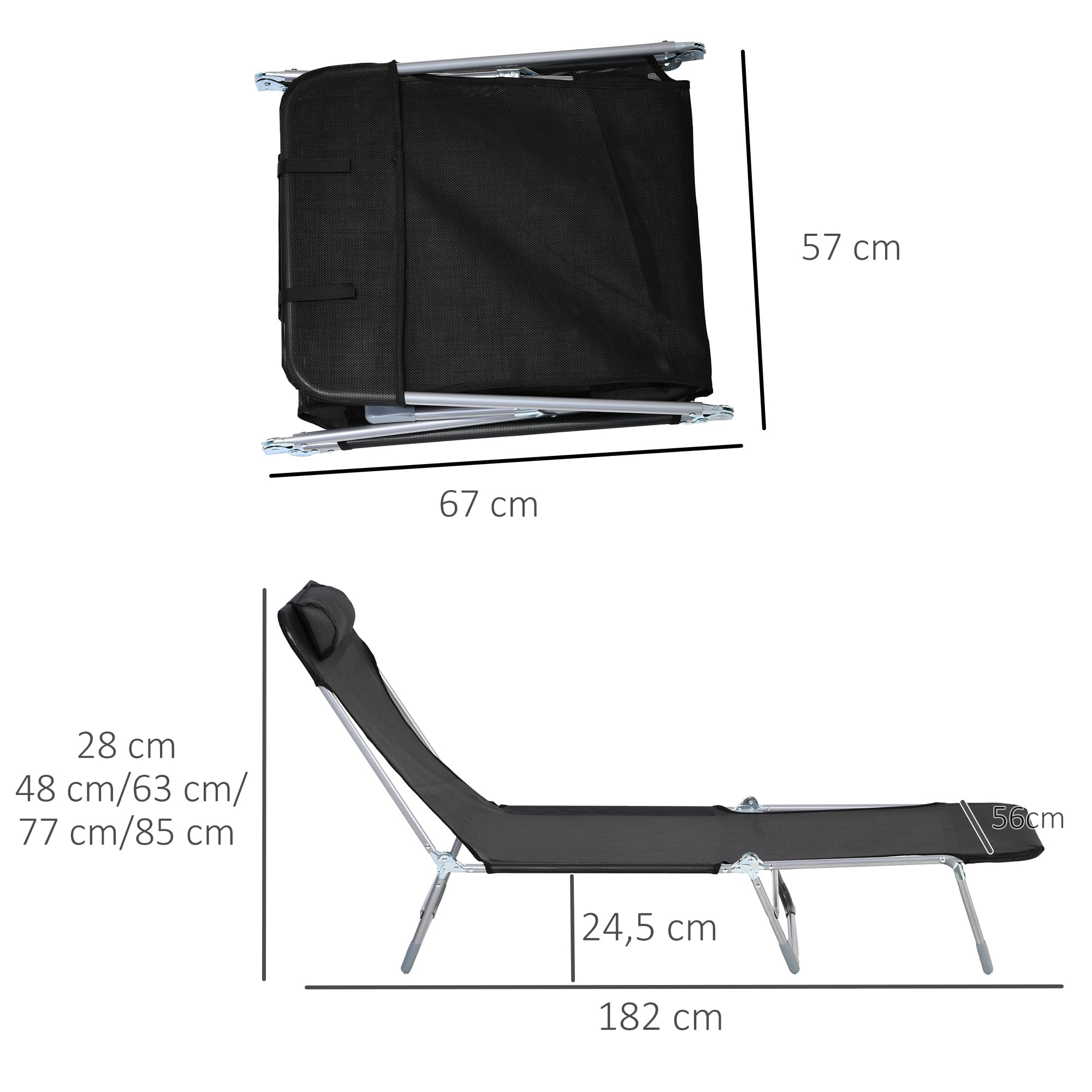 Outsunny Bain de Soleil Transat de Plage Pliable 182L x 56l x 28H cm Noir | Chaise Longue Extérieur, Oreiller, Dossier Réglable 5 Niveaux, pour Jardin