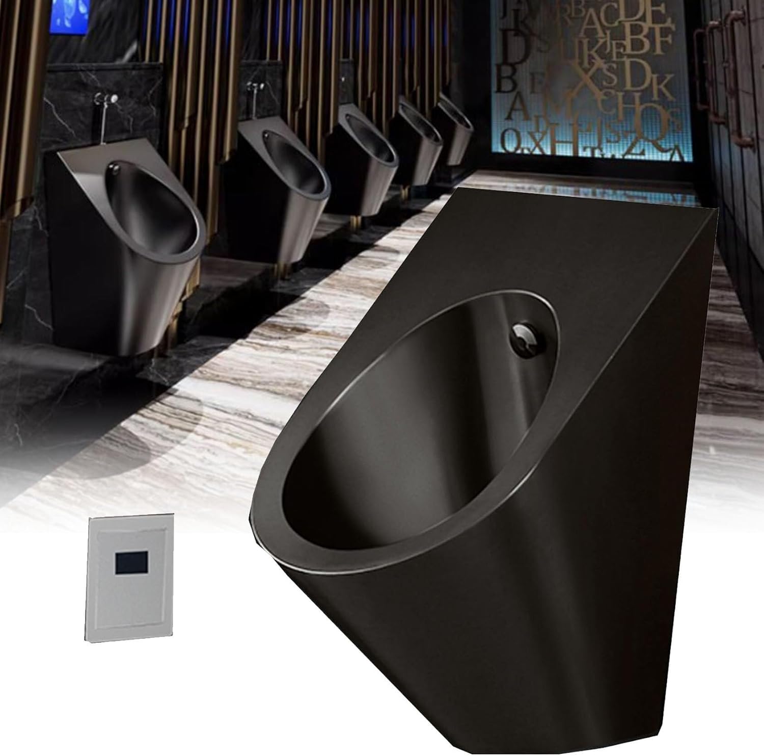 High-Efficiency Wall-Mounted Urinal Anti-Overflow Urinal, Wall-Mounted Stainless Steel Urinal, Splash- Toilet for Bars/Airports,Black-Urinalplussensor