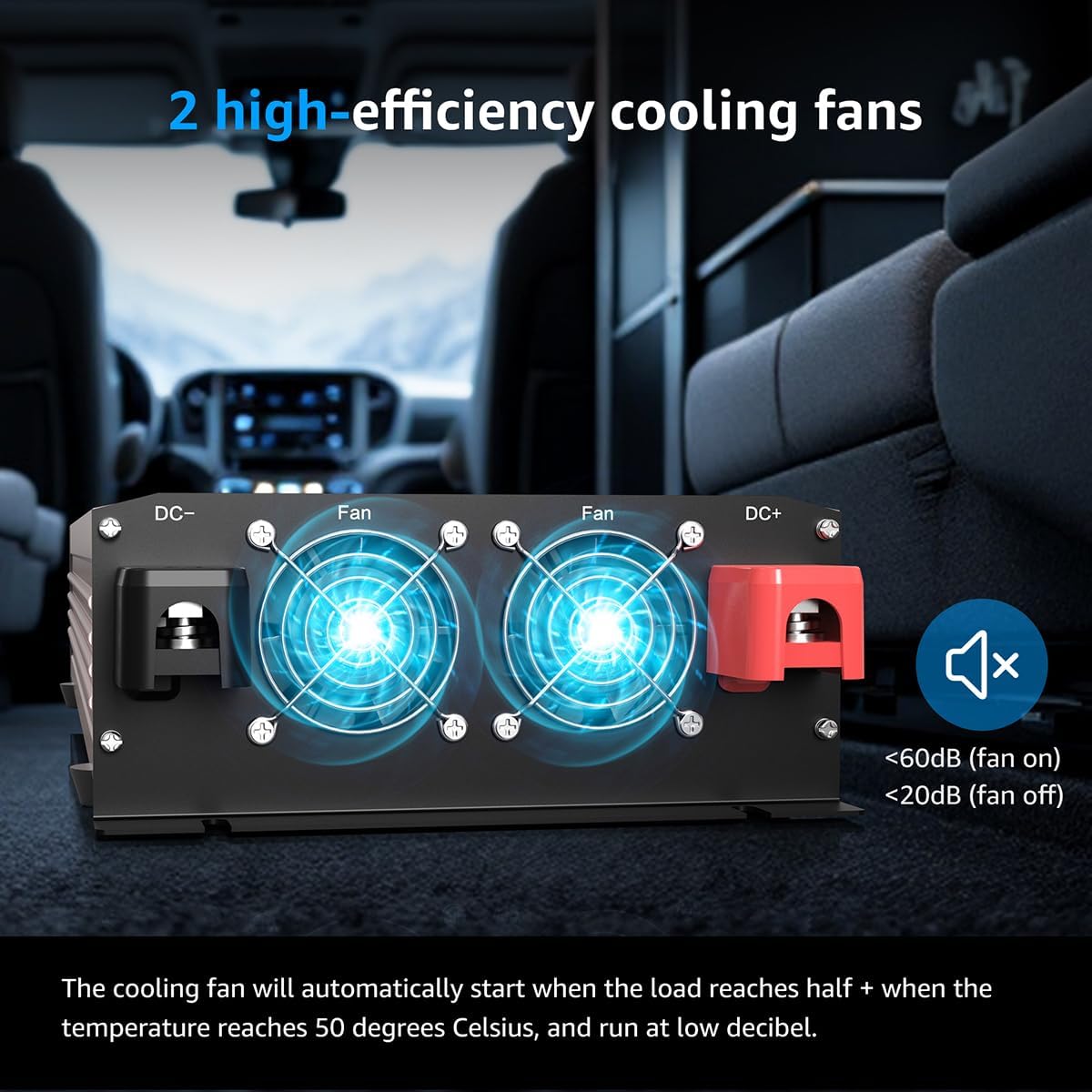 Image showing the two high-efficiency cooling fans on the rear of the XWJNE inverter, with text indicating fan noise levels.