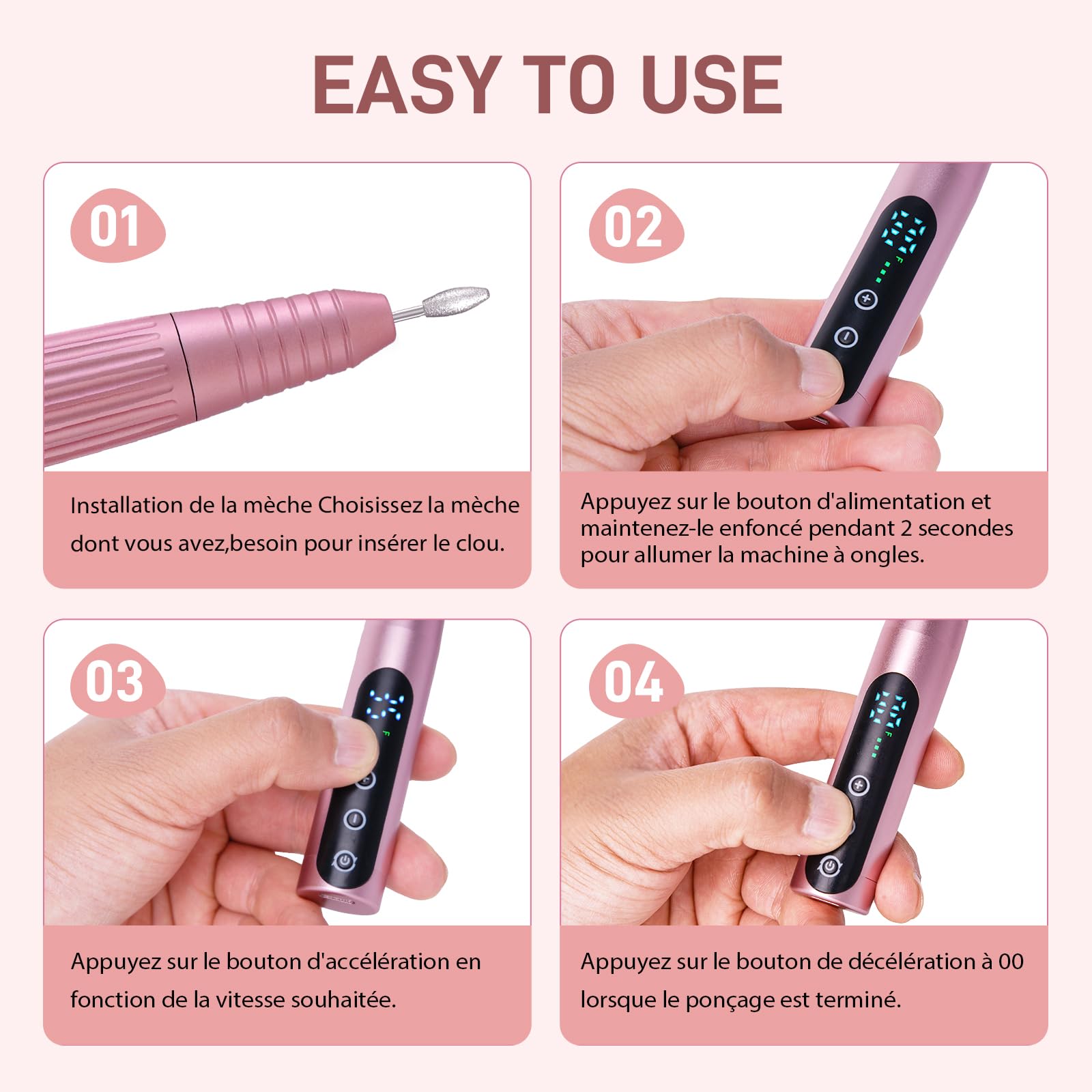 Fresa per Unghie,Fresa Elettrica Ricaricabile Senza Fili a 35000 Giri al Minuto,Lime per Unghie Elettriche in Gel Acrilico Professionali per Manicure e Pedicure,Per Viaggi a Casa o in Salone (Rosa)