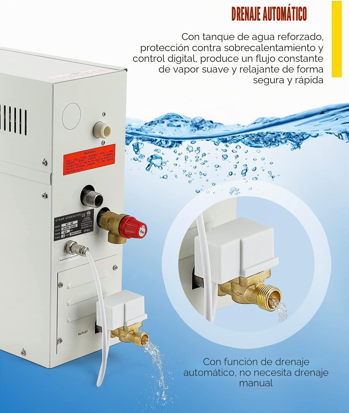 CGOLDENWALL 9KW Generador de Vapor Kit 220V Auto-Drenaje para Doméstico Comercial, Apto para Sauna/Ducha/Baño/SPA, con Controlador Digital- Calentamiento automático 35-55℃ para Espacio de 8.5m³