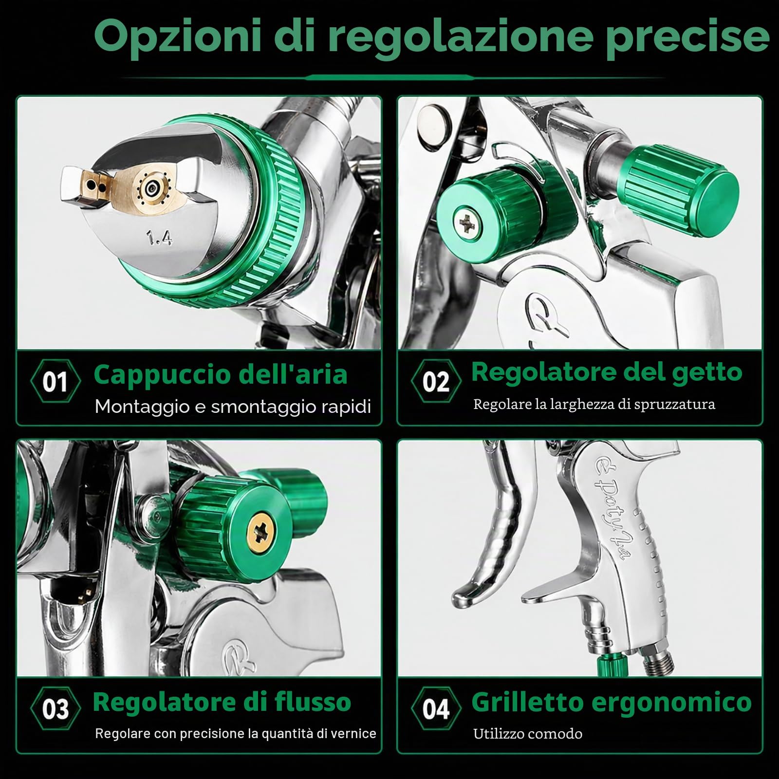 Pistola per Verniciare HVLP Potufa con 4 Ugelli (1,4/1,7/2,0/2,5 mm), Serbatoio 600 ml, Spruzzatore a Gravità per Auto, Mobili e Pareti