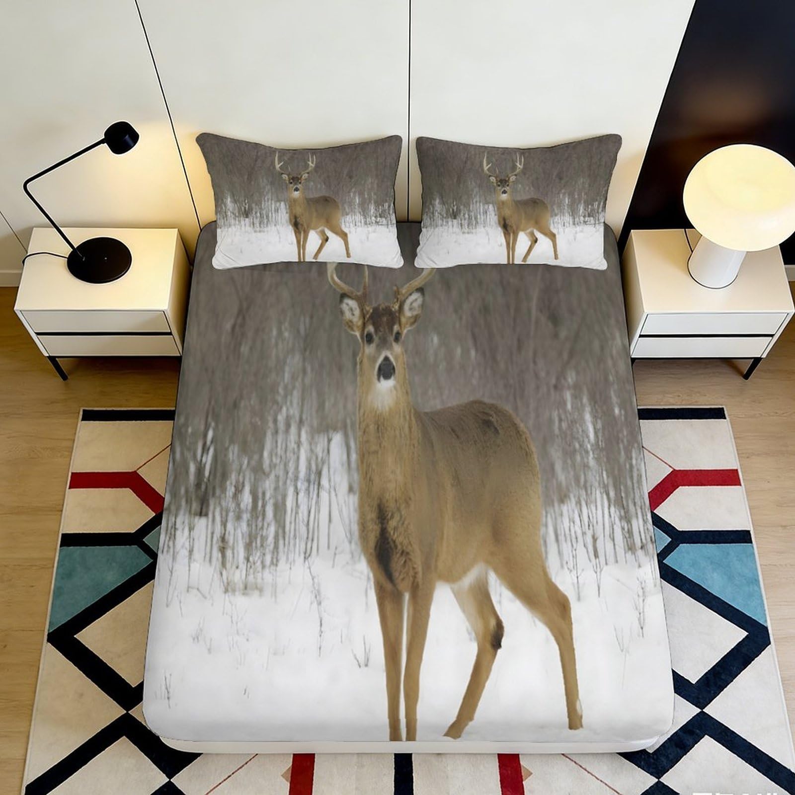3D Printed Deer Pattern Fitted Sheet Microfiber Soft Breathable Forest Snow Mattress Cover for Bedroom Dormitory Guest Room Protection Decor 140x200x25cm