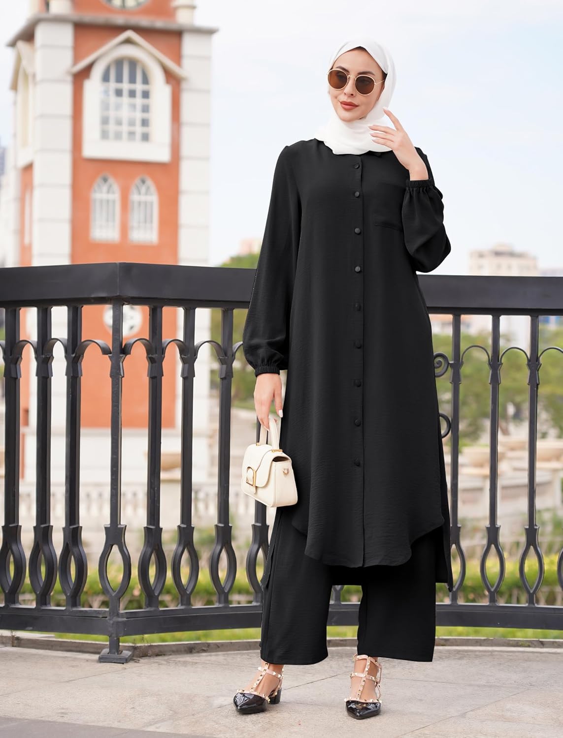 Women's Muslim 2 Pieces Sets Long Sleeve Button Down Shirt and Pants Abaya Casual Dress Dubai Outfits - Image 5