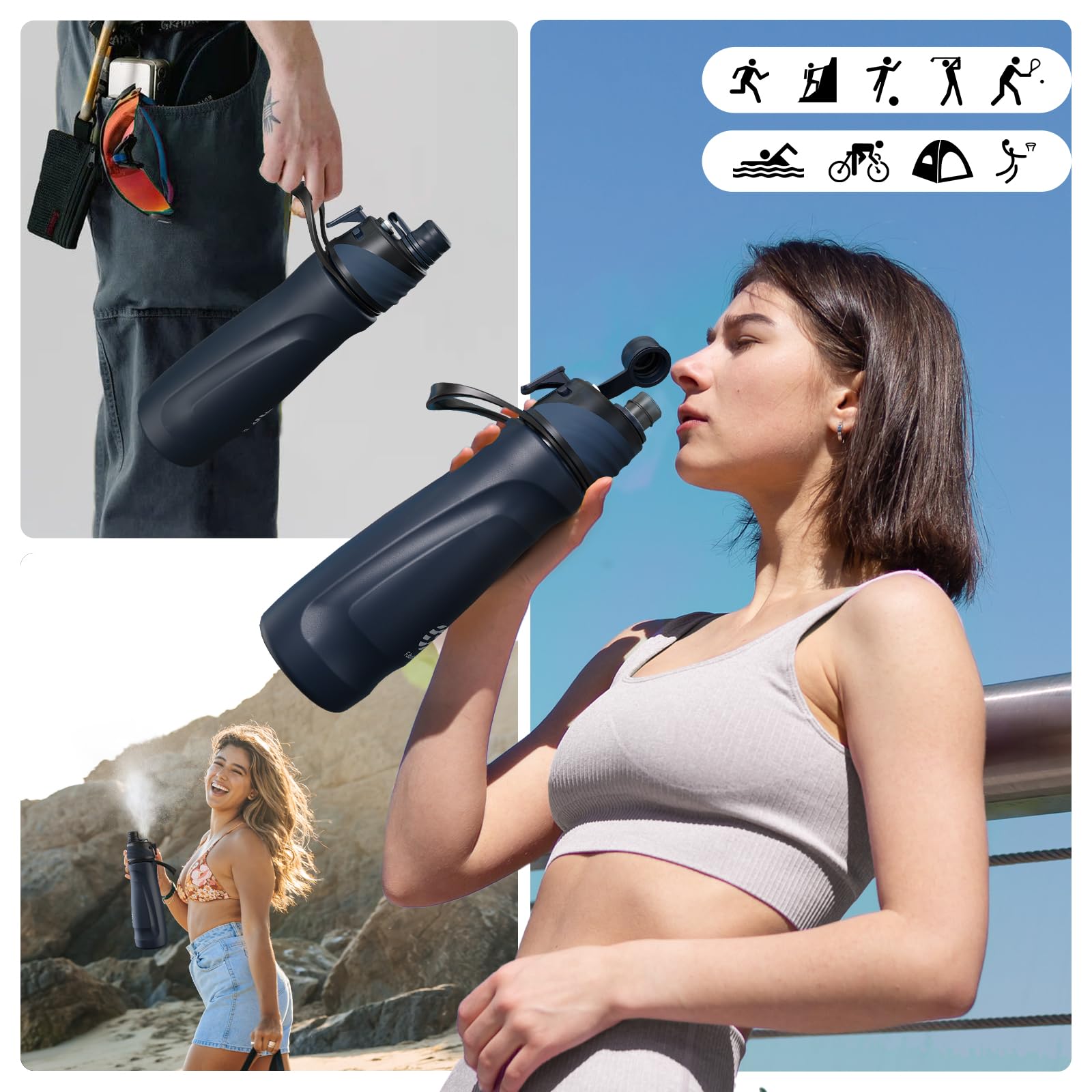710ml Isolierter Edelstahl Trinkflasche mit Sprühfunktion Auslaufsichere Nebel Wasserflasche mit Sprühnebel für Fahrrad, Wandern, Sport, Flüssigkeitszufuhr und Kühlung(Dunkelblau)