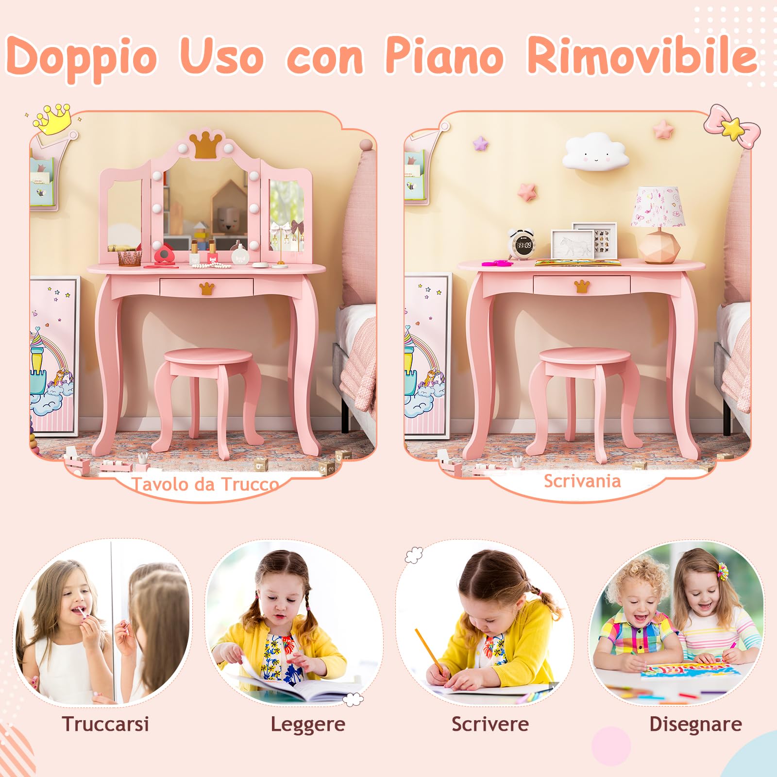 GYMAX Set Vanity Toeletta per Bambini, Tavolo da Trucco da Principessa con Specchio Triplo, Luci Dimmerabili a 3 Colori, Cassetto e Sgabello per Cameretta Bambina, 80 x 40 x 106 cm (Rosa)