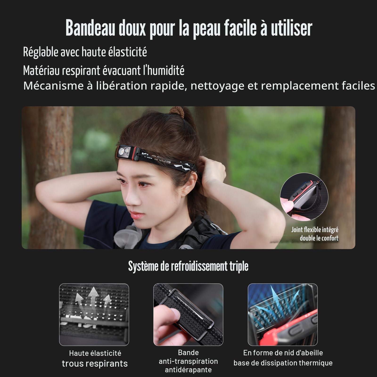 KLARUS HM5 800 lumens Lampe frontale de trail ultra fine et légère avec lumière rouge, double interrupteur, 105 heures, LED étanche IPX6 pour la course, le camping, la randonnée, la chasse