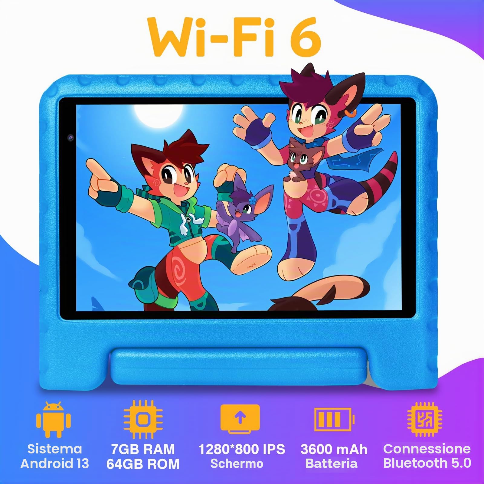 Tablet per bambini da 8 pollici, Android, 7 GB di RAM + 64 GB di ROM (1 TB TF), Wi-Fi 6, controllo parentale, schermo HD 1280×800, tablet per bambini con custodia antiurto in EVA, blu