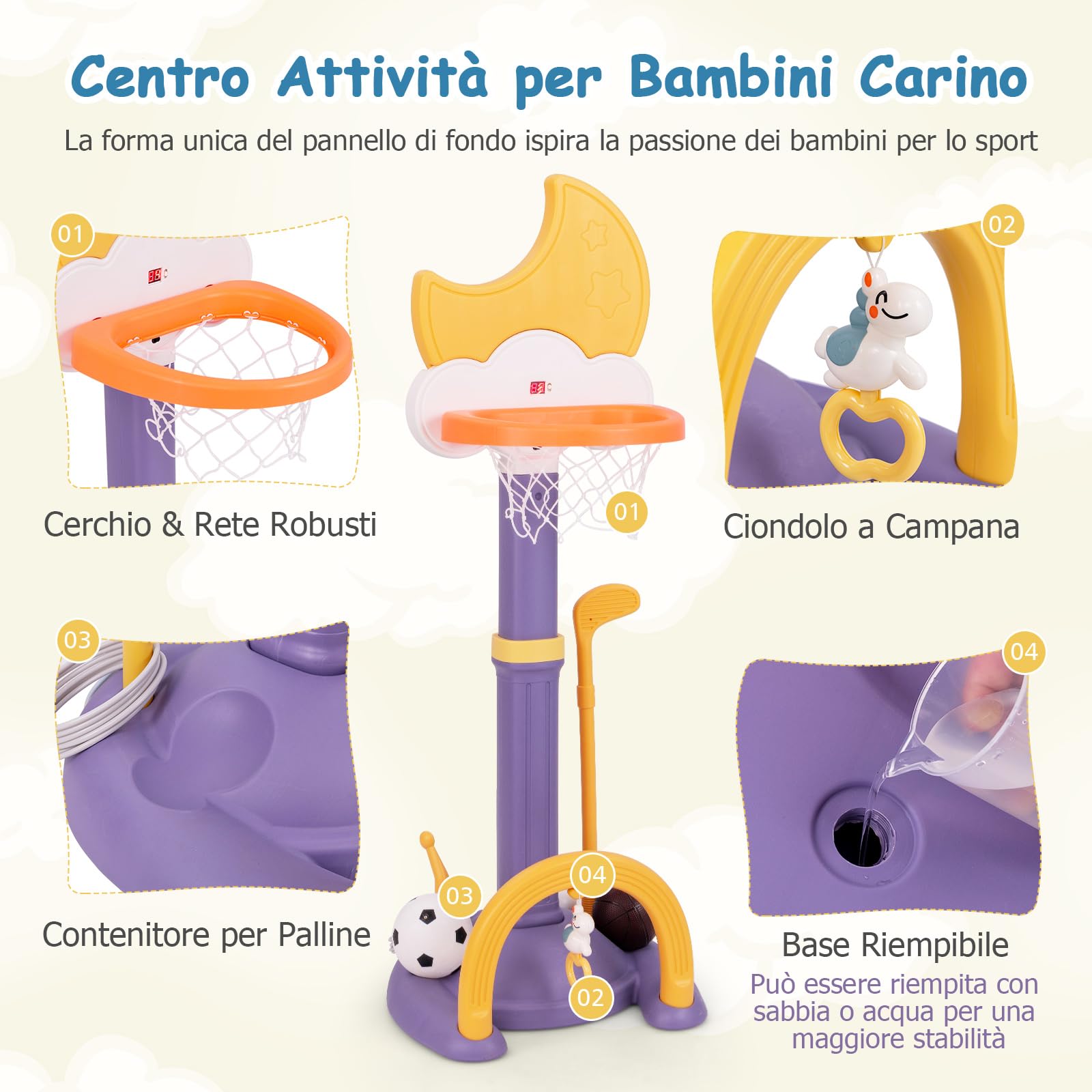 COSTWAY 4 in 1 Canestro da Basket per Bambini, Centro di Attività Sportiva Regolabile con Basket Calcio Golf e Gioco del Lancio dell'Anello, per Interno ed Esterno, 3 Anni+ (Giallo)