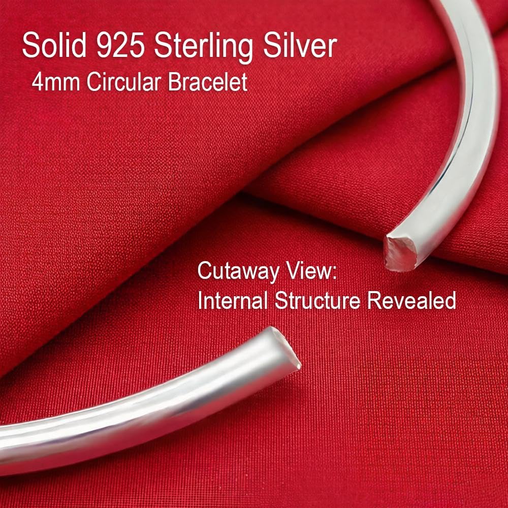 Solid 925 Sterling Silver 4mm Polished Bangle, Minimalist Circle Hoop Bracelet for Layered Stacking for Women