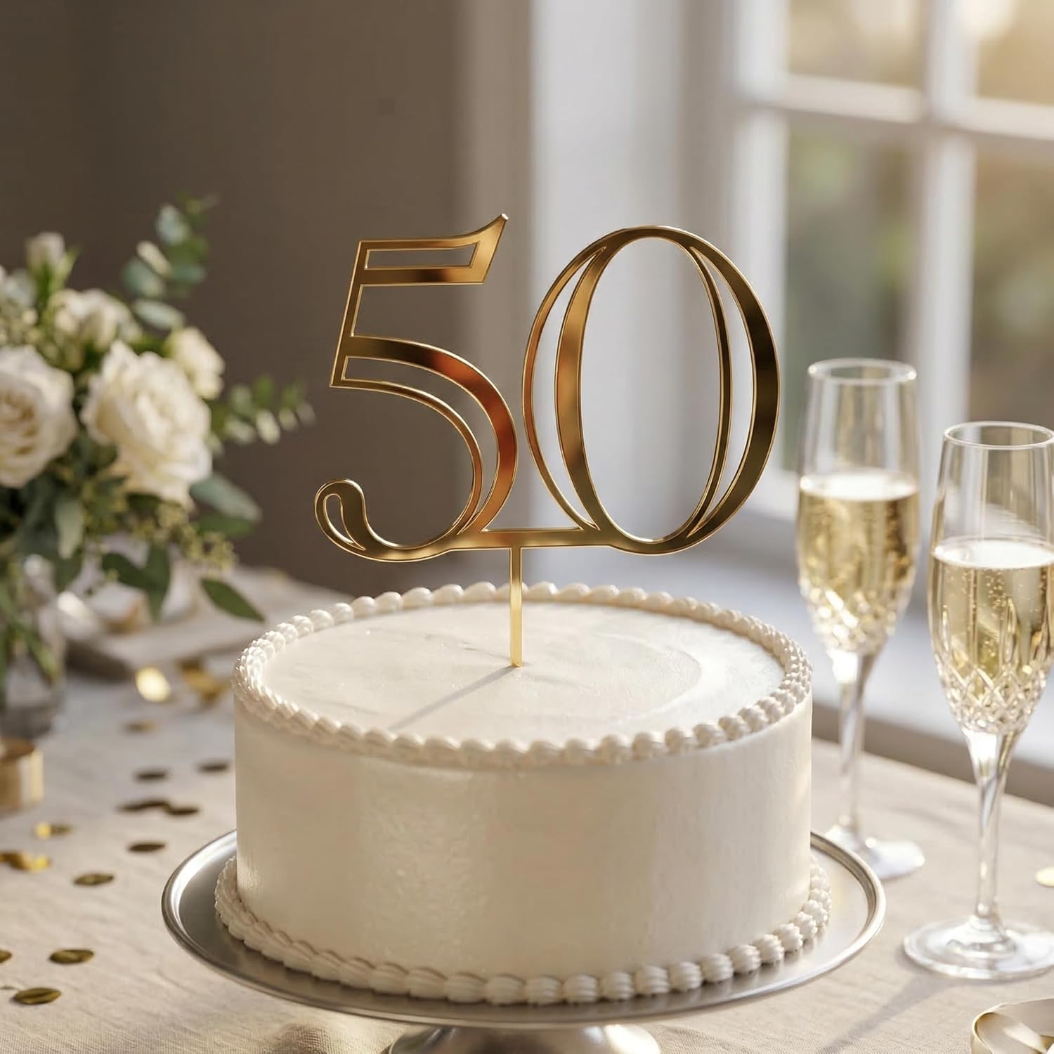 50th Birthday Cake Topper - Golden Acrylic "50" Cake Decorations for Women & Men - Food Safe Non-Edible Party Supplies for Anniversary Celebration