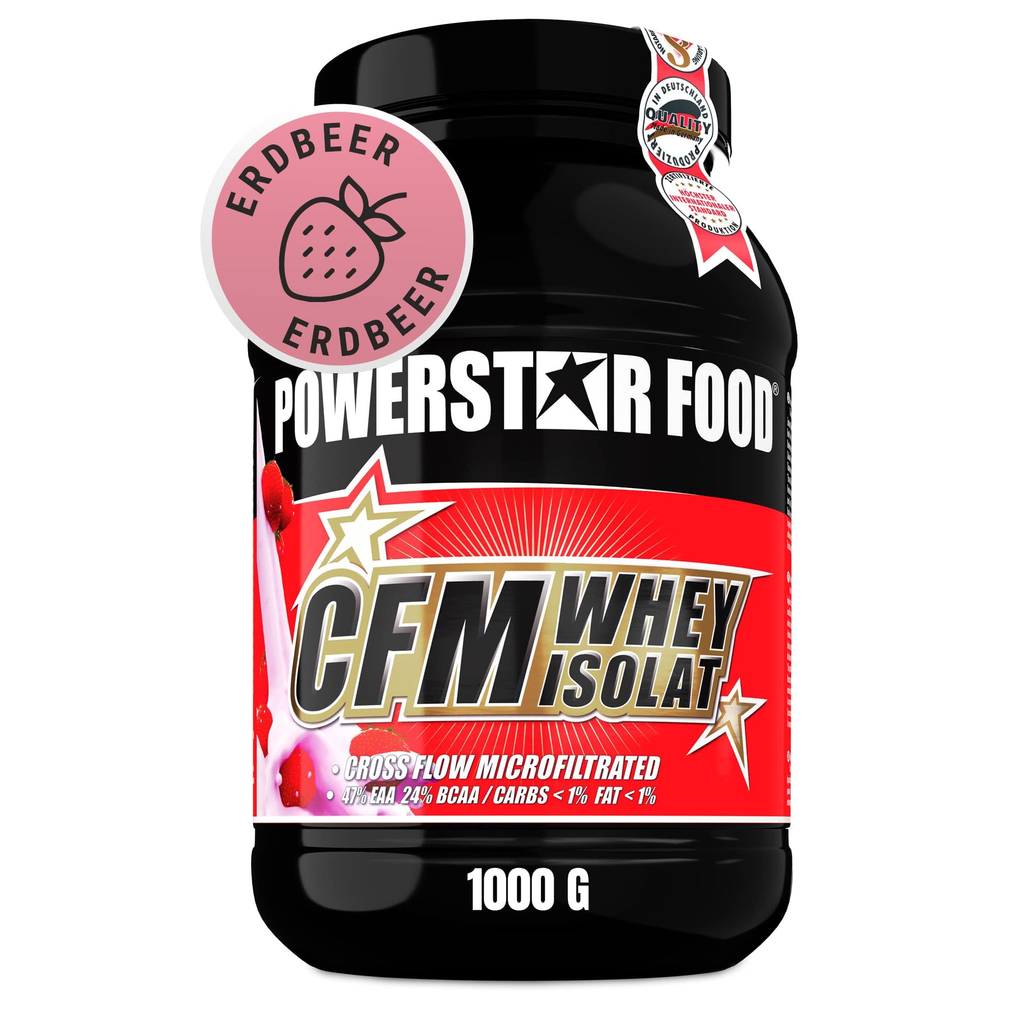 Powerstar 100% CFM WHEY ISOLATE 1kg | 96,5% Protéine s.s. | Poudre de protéine pour la musculation | Fabrication allemande | Protein Powder hautement dosée à base de lait de pâturage | Fraise
