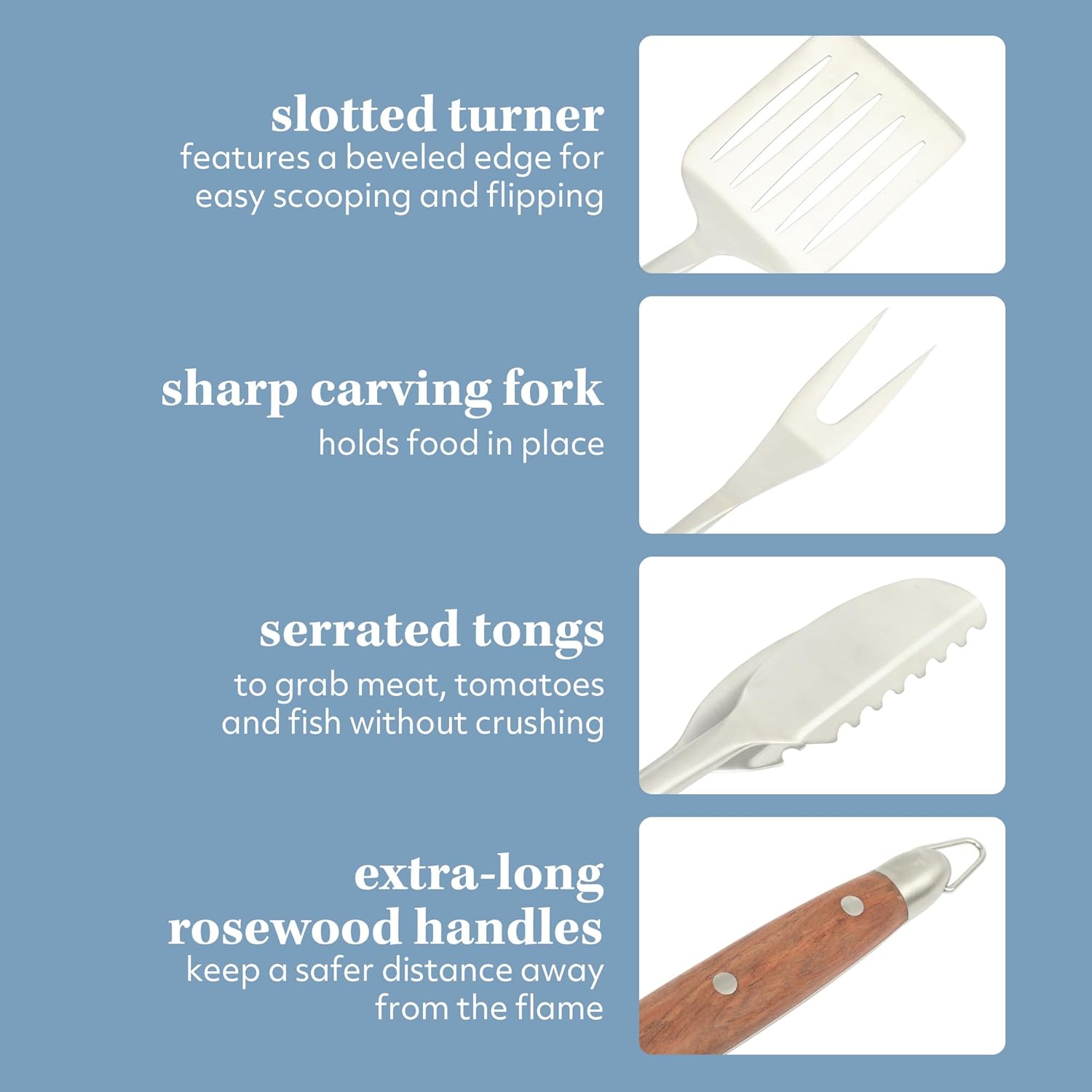 Sur La Table Kitchen Essentials Family Cookout Heavy Duty Stainless Steel Grilling Tool Set W/Wooden Handles, Tongs, Slotted Turner, and Fork Set