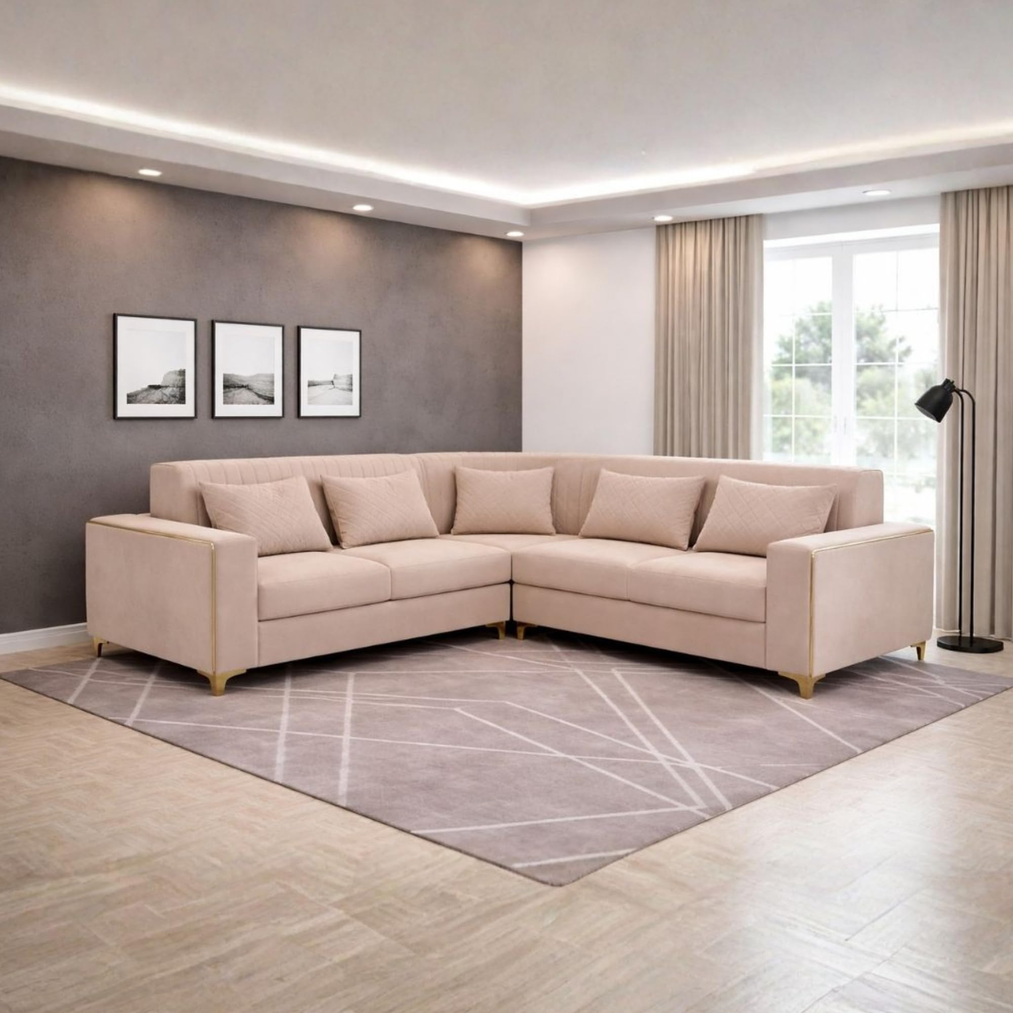 Affordable Luxury 3+2 Seater Corner Sofa Set | Premium Holland Velvet Fabric | L-Style Living Room Sofa Arrangement | Beige-image-14