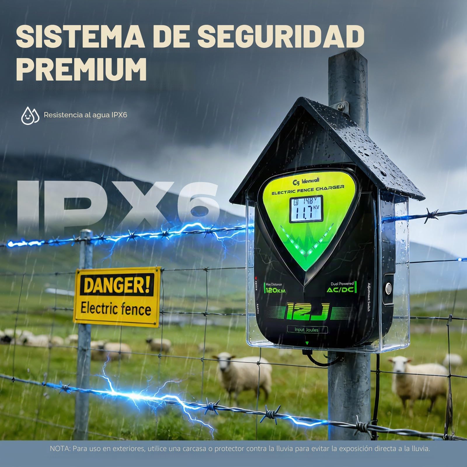 CGOLDENWALL 12J Pastor Electrico, AC/DC, 120KM Alcance, Ganado | 10KV Tension de Pico, IPX6 Impermeable, Caballos Ganado, Ranch Jardin, 2 en 1