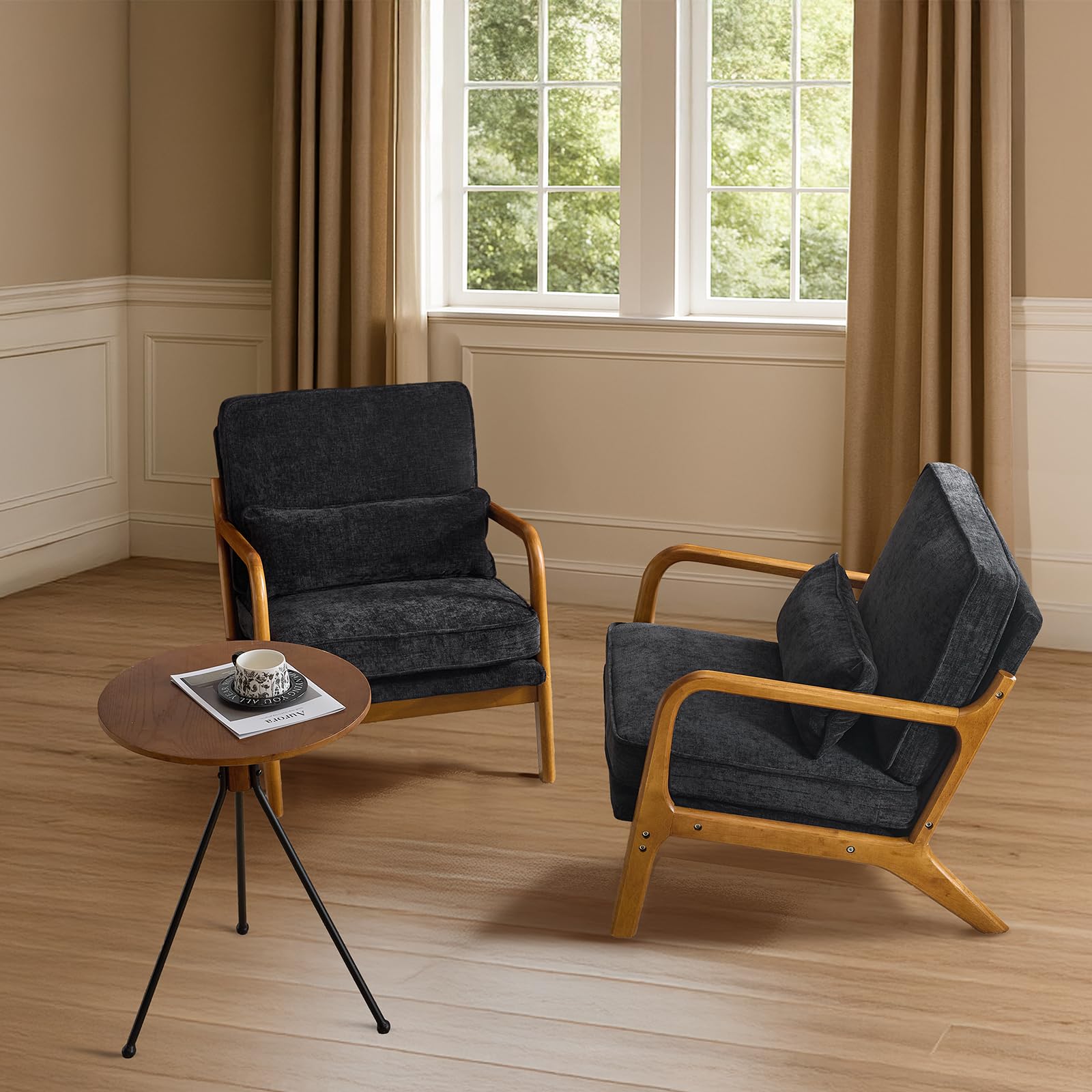 VINGLI Arm Chairs,Mid Century Modern Accent Chairs with Solid Wood Frame,Comfy Upholstered Armchair with Lumbar Pillow,Chairs for Living Room,Bedroom,Small Spaces,Chenille (Black-2pcs)
