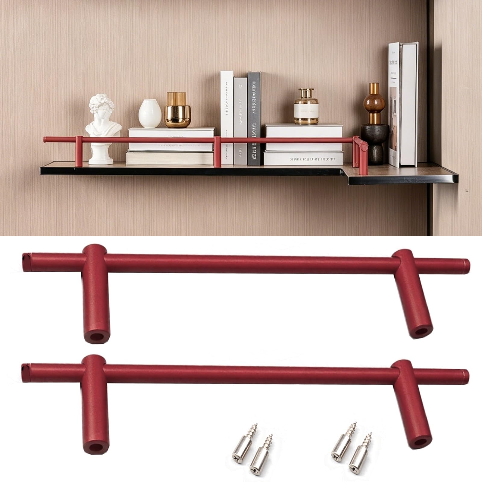 Errulan Red Anti-Fall Cabinet Metal Guardrail Bars, Gallery Rails For Shelves Kit, Aluminum Round Tube Barrier Decorative Rod Guard Fence For Kitchen Bathroom(,72Cm/28.3In)
