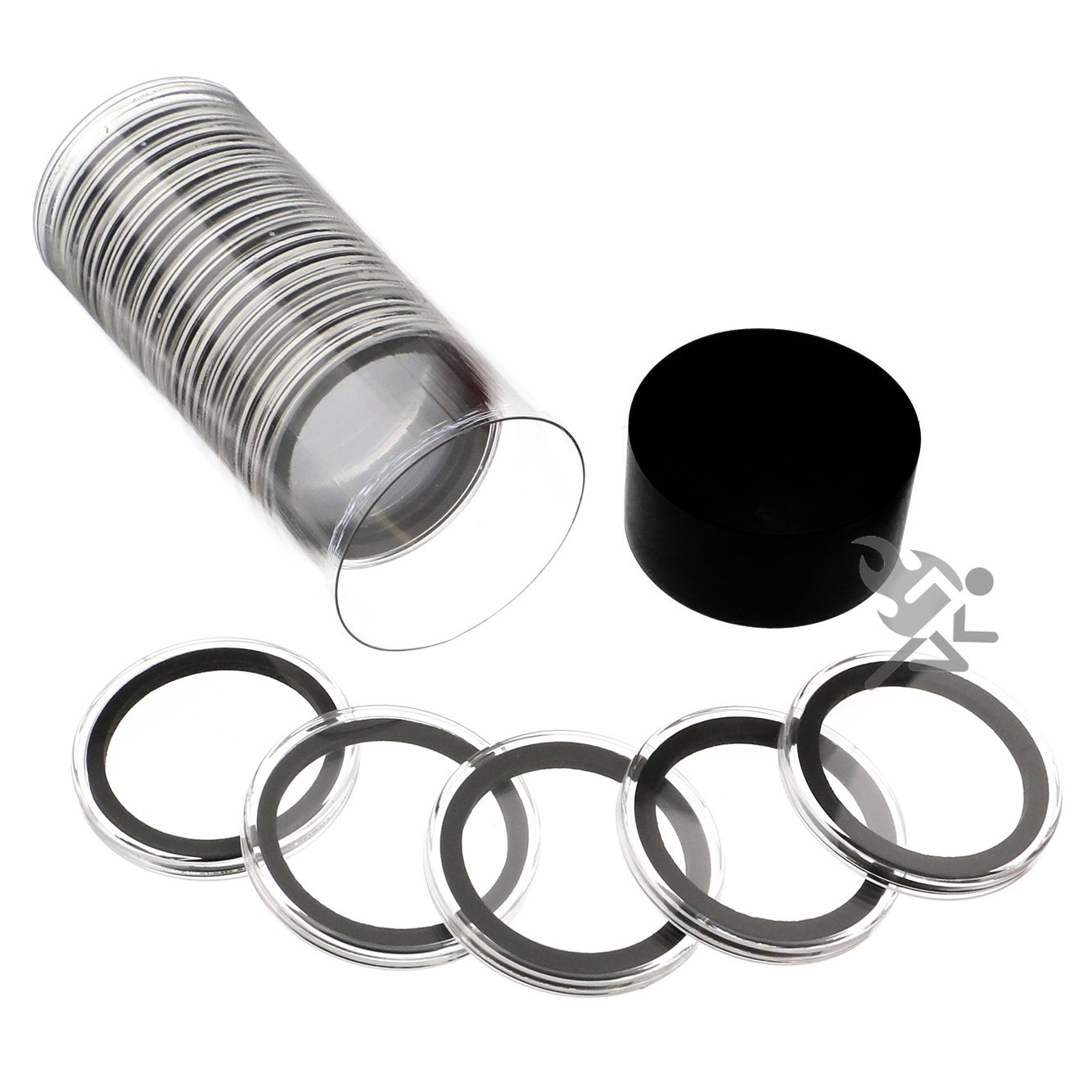 OnFireGuyBlack Lid Capsule Tube & 20 39mm Black Ring Coin Holders for 1oz Silver Rounds
