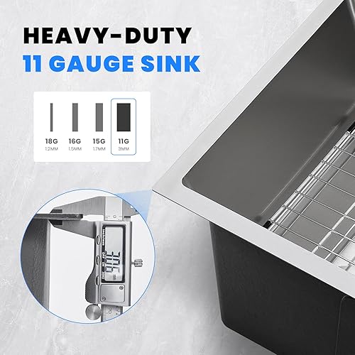 Miniatura 3 de POPFLY Fregadero de cocina de 21 pulgadas, 21 x 18 pulgadas, fregadero de cocina de acero inoxidable 304 con un solo agujero, fregadero de cocina de